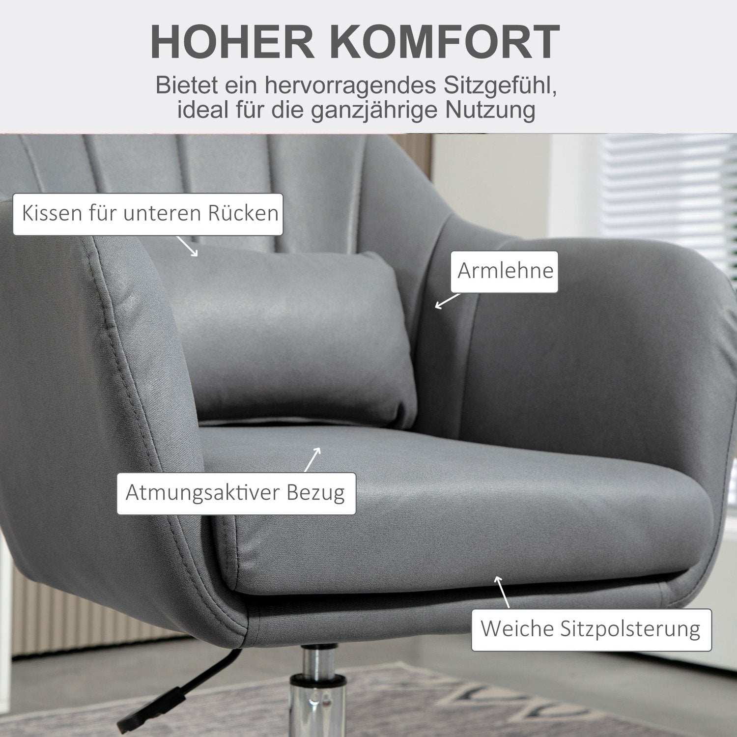 Snurrstol, höj- och sänkbar kontorsstol, polyester, metall, 60 x 60 x 79-91 cm, mörkgrå