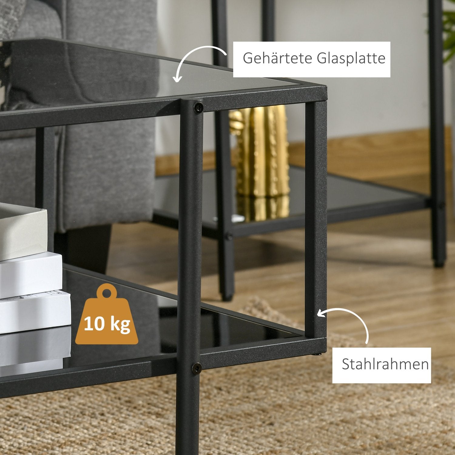 Soffbord i svart stål, härdat glas, 2 hyllplan
