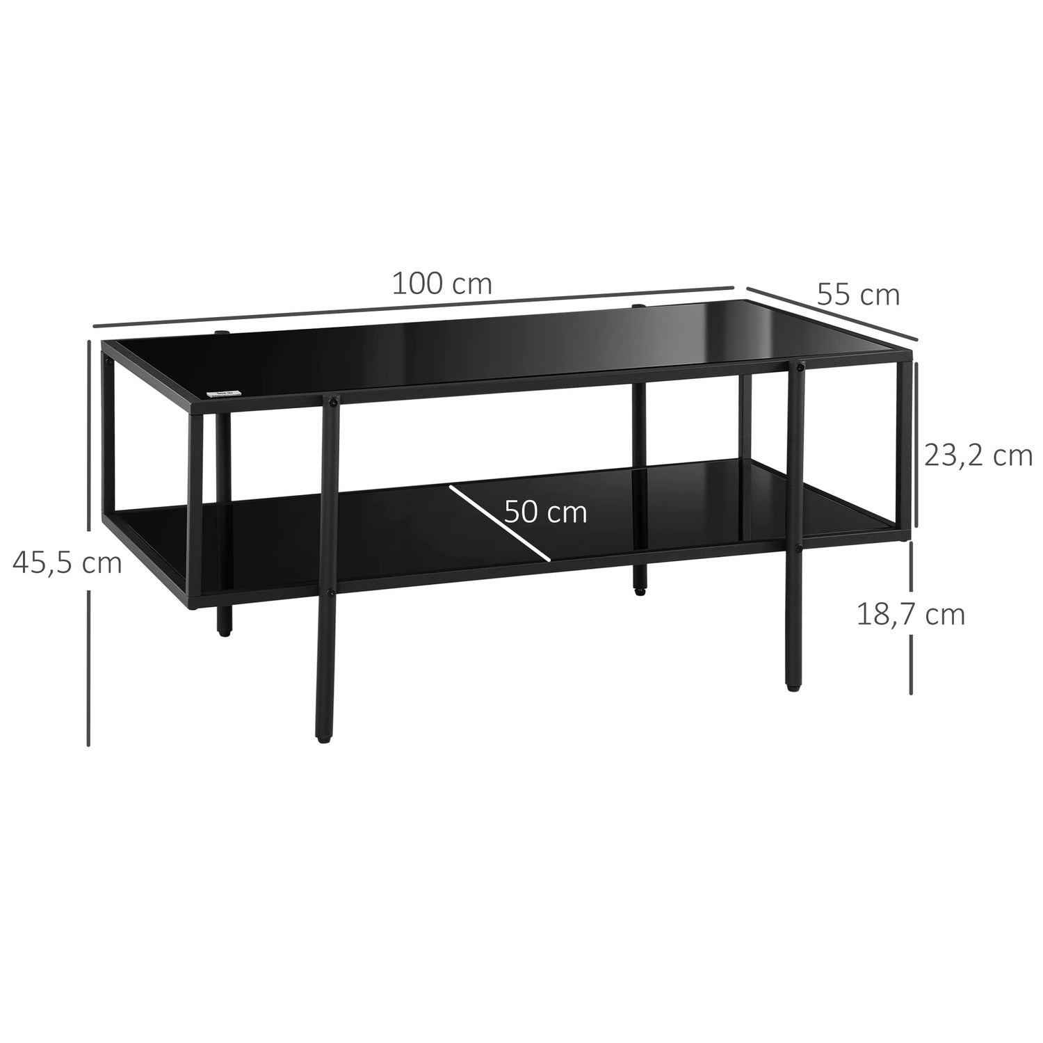 Soffbord i svart stål, härdat glas, 2 hyllplan