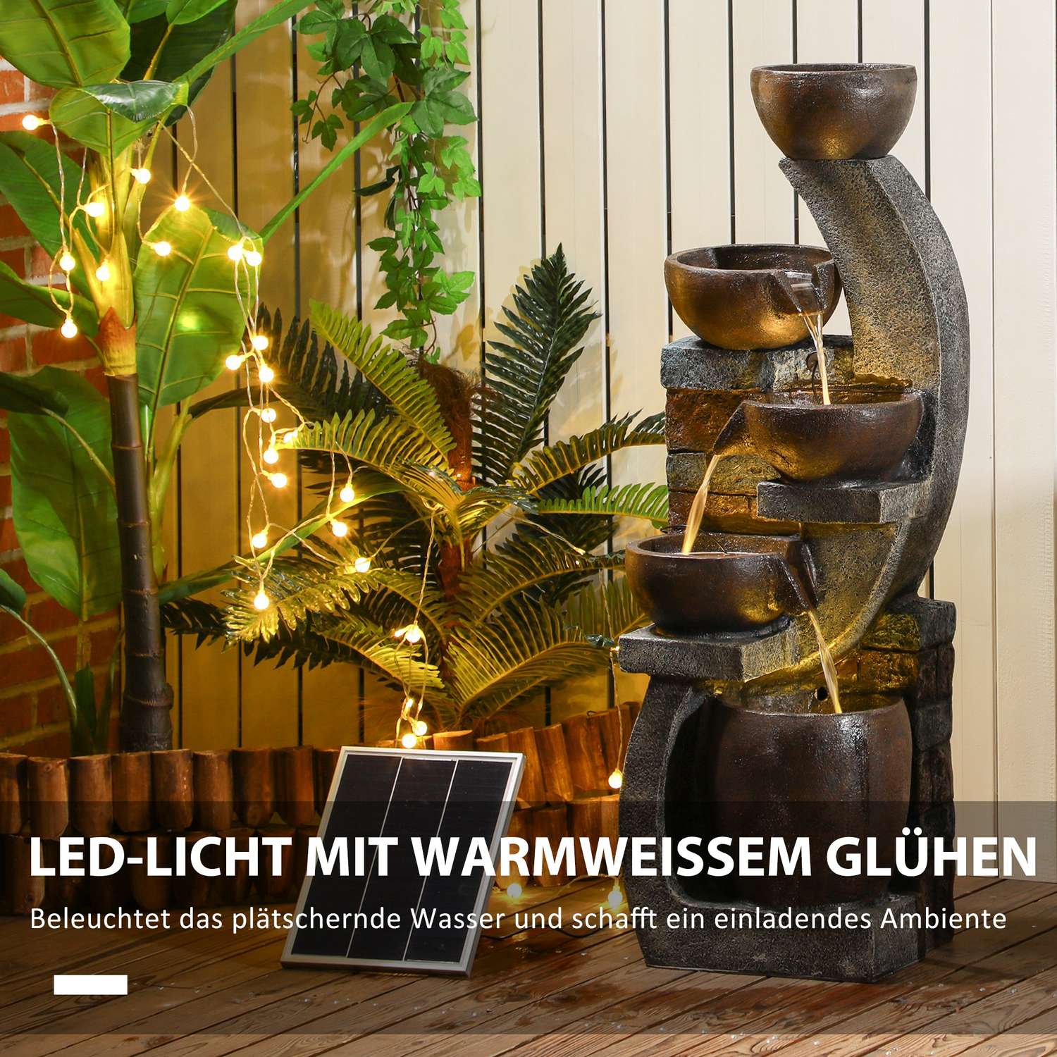Solární zahradní fontána s LED osvětlením – pryskyřicový design s 5 stupni