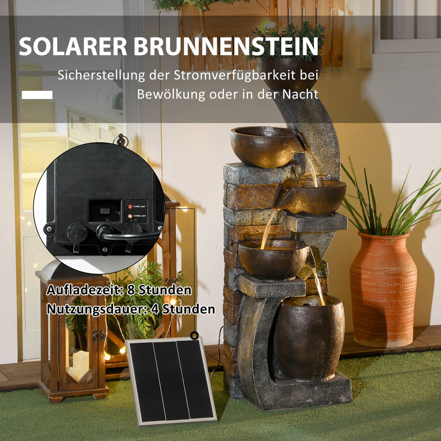 Solární zahradní fontána s LED osvětlením – pryskyřicový design s 5 stupni