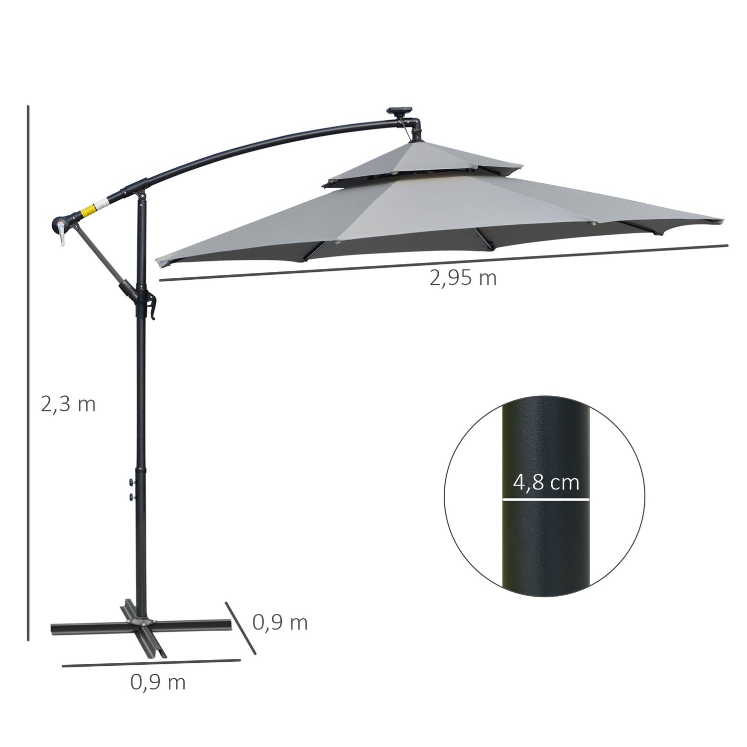 Solar LED Market Parasoll, 295 cm, Vattenavvisande, Ljusgrå