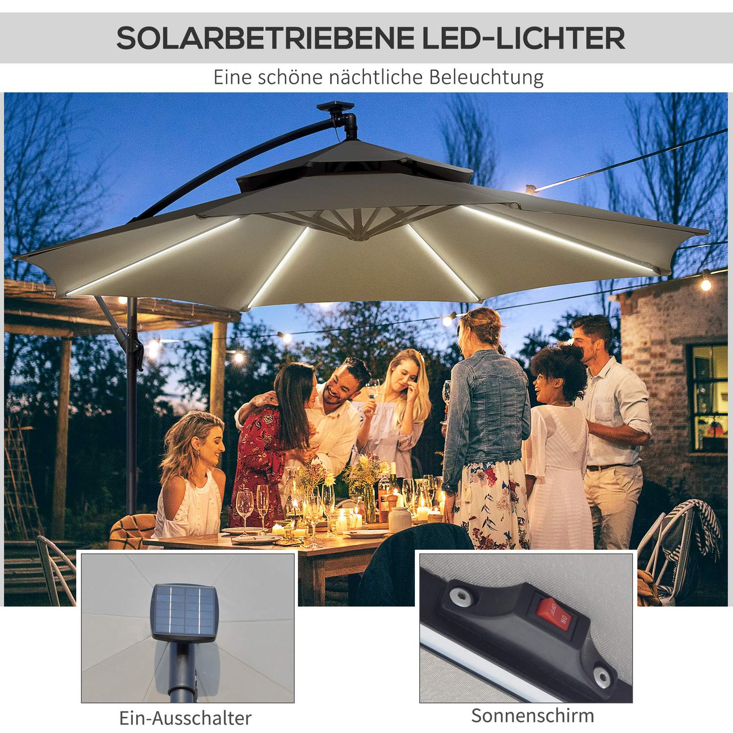 Solar LED Market Parasoll, 295 cm, Vattenavvisande, Ljusgrå