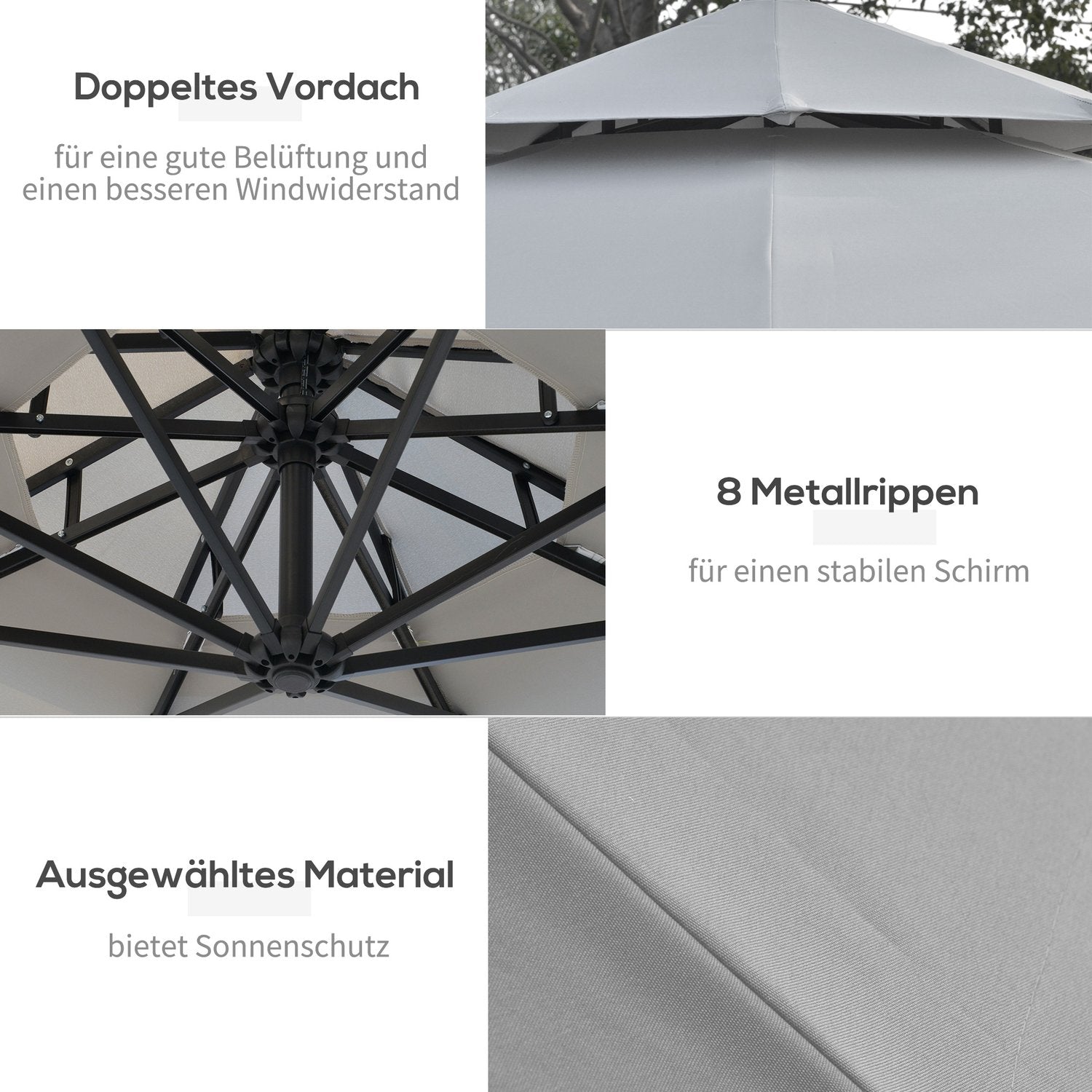 Solar LED Market Parasoll, 295 cm, Vattenavvisande, Ljusgrå