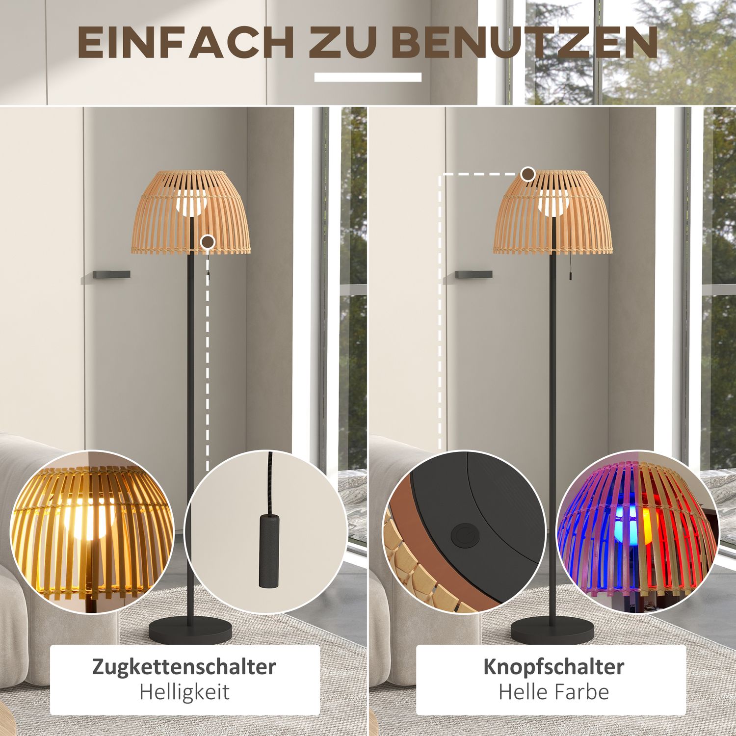 Solární LED stojací lampa – bambusová, stmívatelná, s USB nabíjením