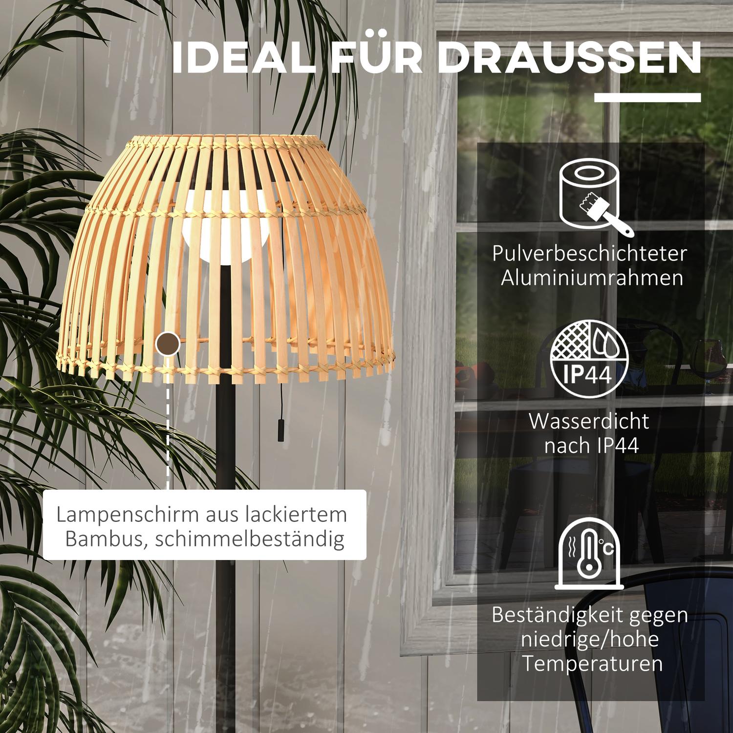 Solární LED stojací lampa – bambusová, stmívatelná, s USB nabíjením