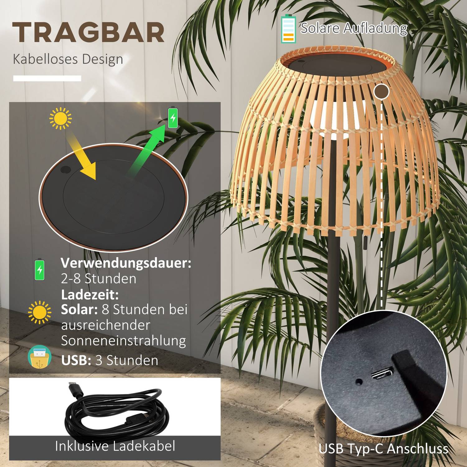 Solární LED stojací lampa – bambusová, stmívatelná, s USB nabíjením