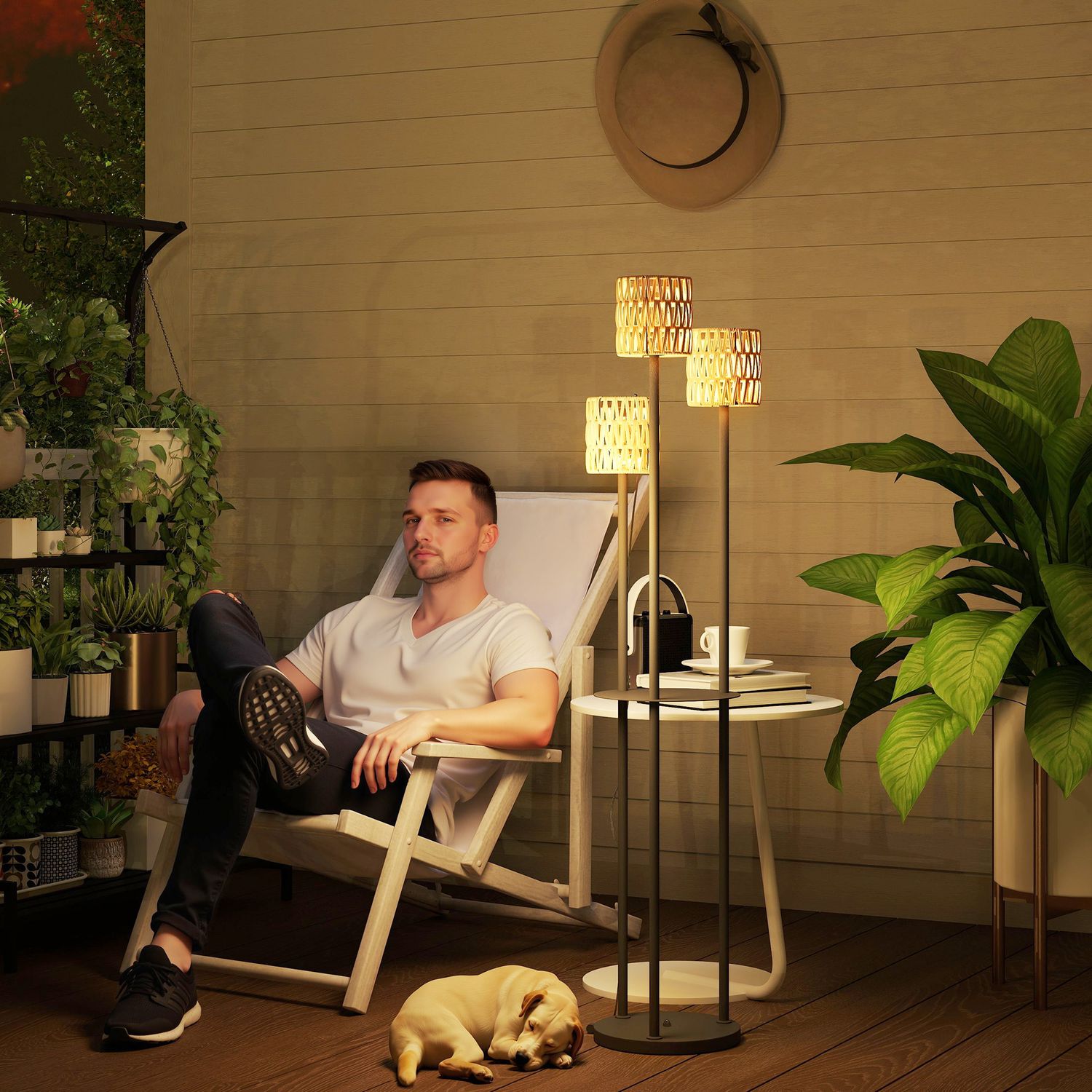 Solární stojací lampa z ratanu v boho stylu, venkovní, voděodolnost IP44