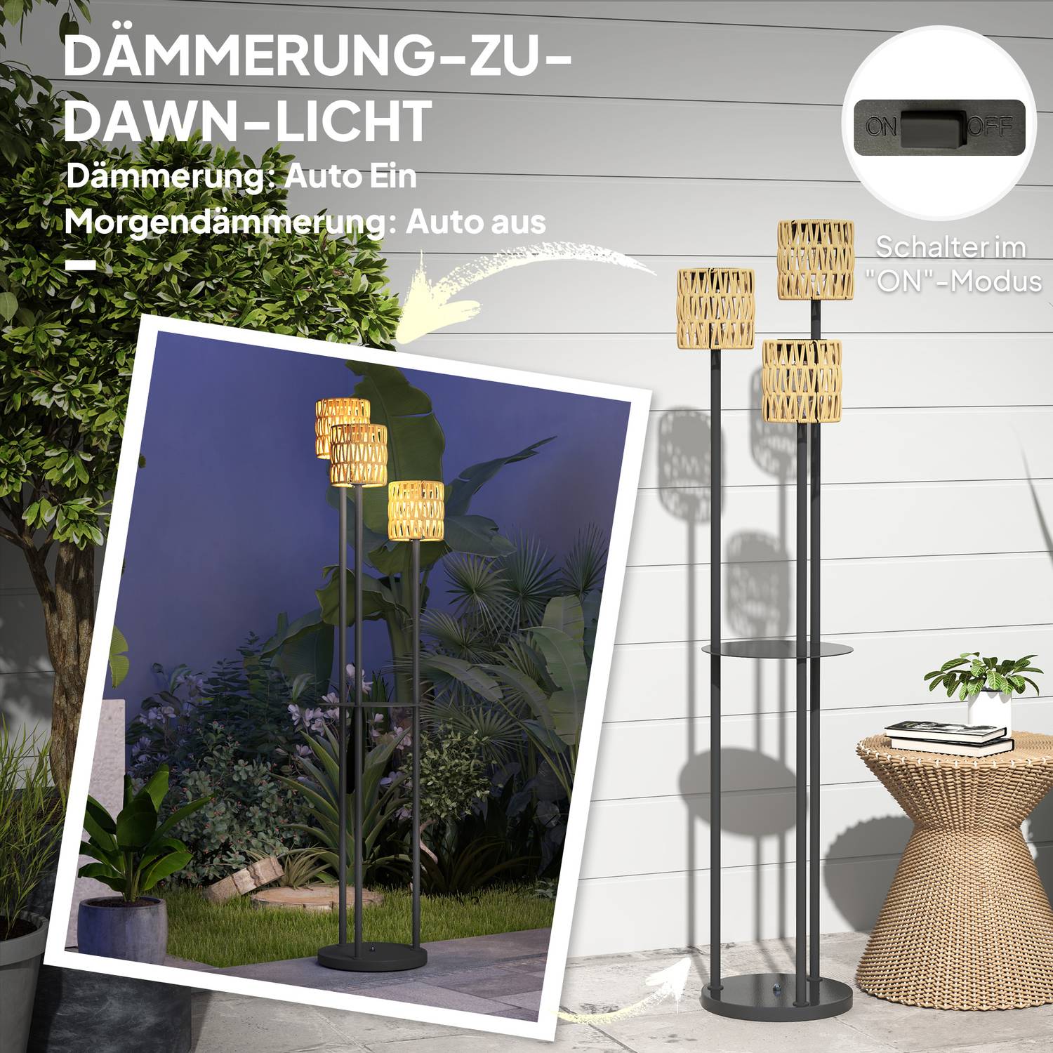 Solární stojací lampa z ratanu v boho stylu, venkovní, voděodolnost IP44