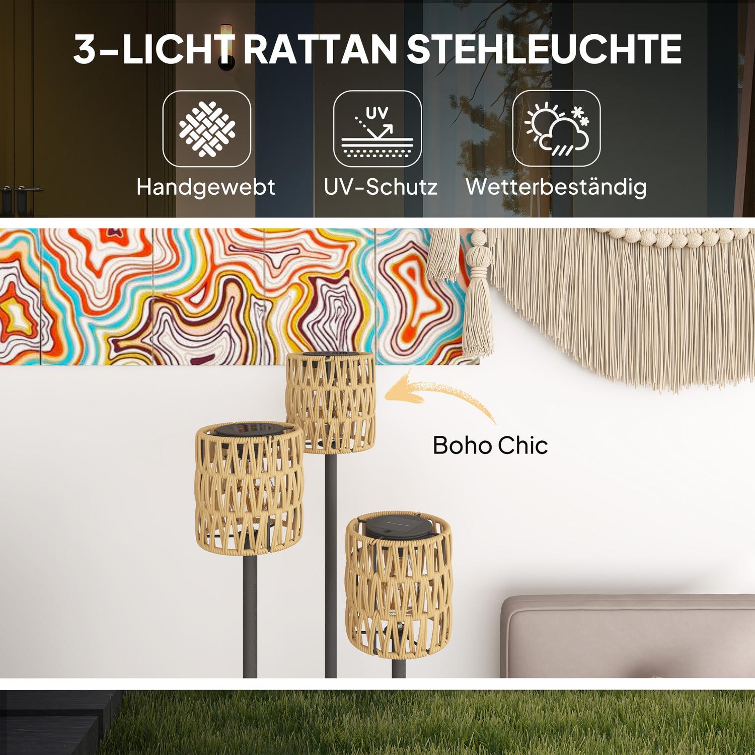 Solární stojací lampa z ratanu v boho stylu, venkovní, voděodolnost IP44