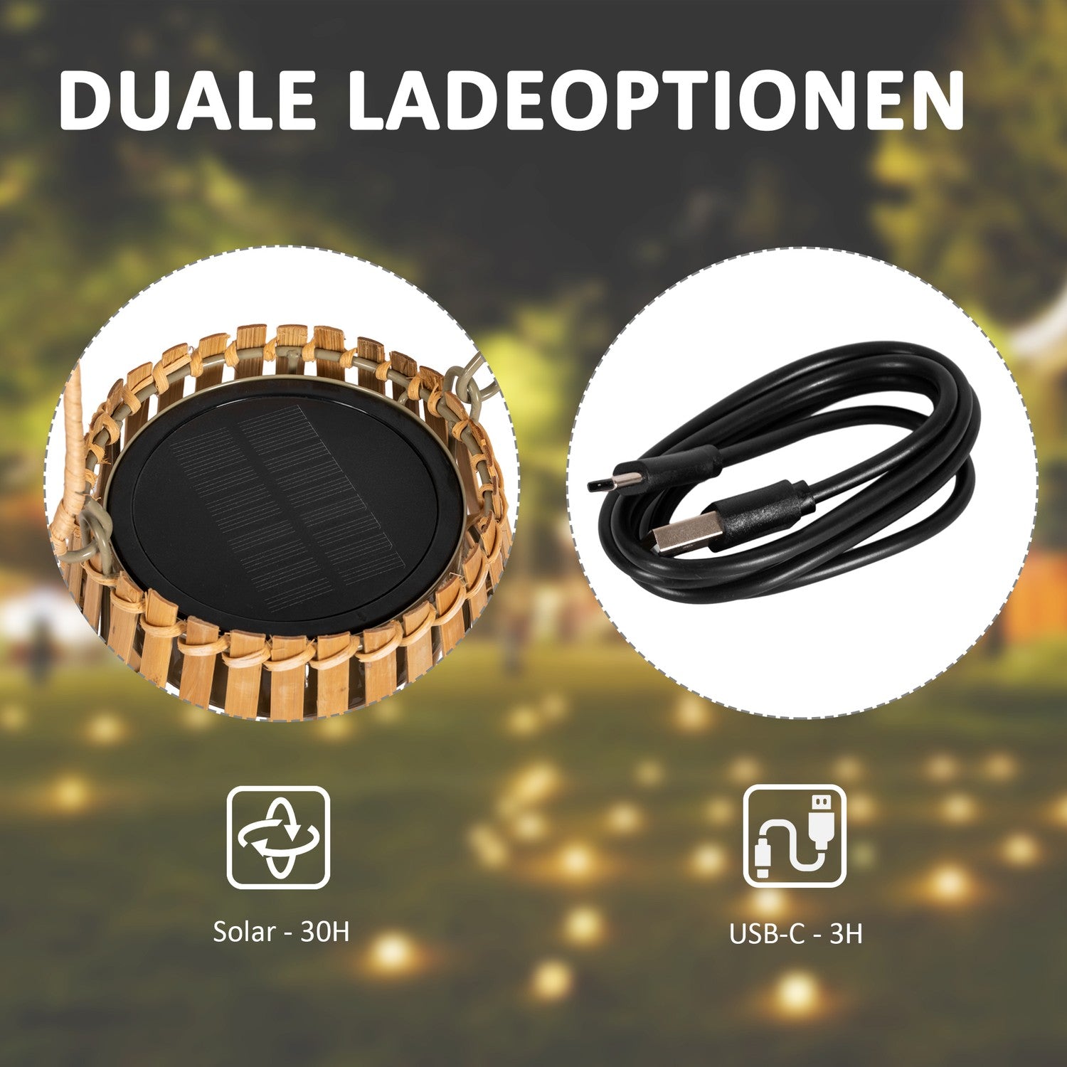 Solar trädgårdslampa, USB-laddningsbar, 3 ljusfärger