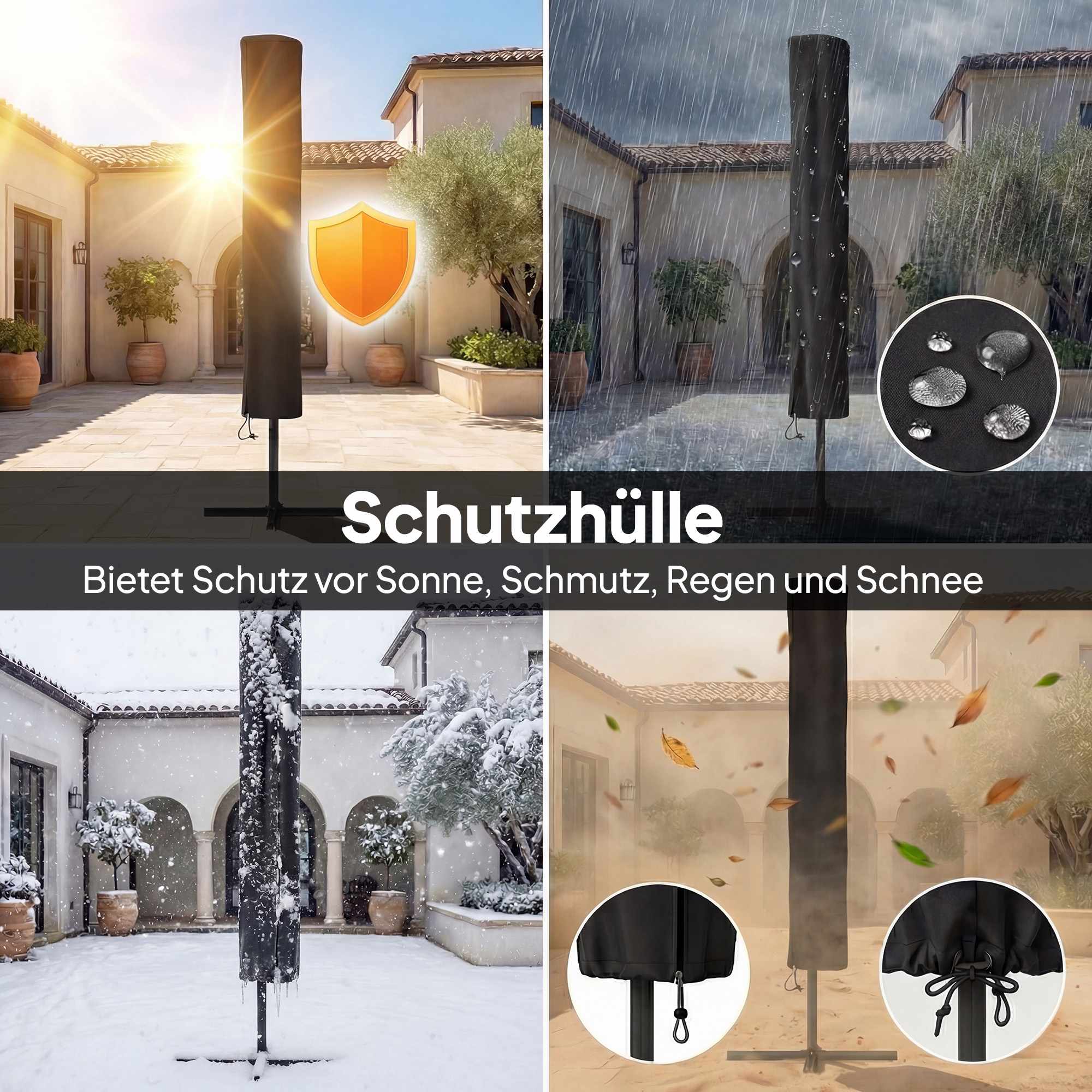 Solcellsdrivet LED-parasoll, krämfärgad, UPF 30+, lutnings- och vevfunktion