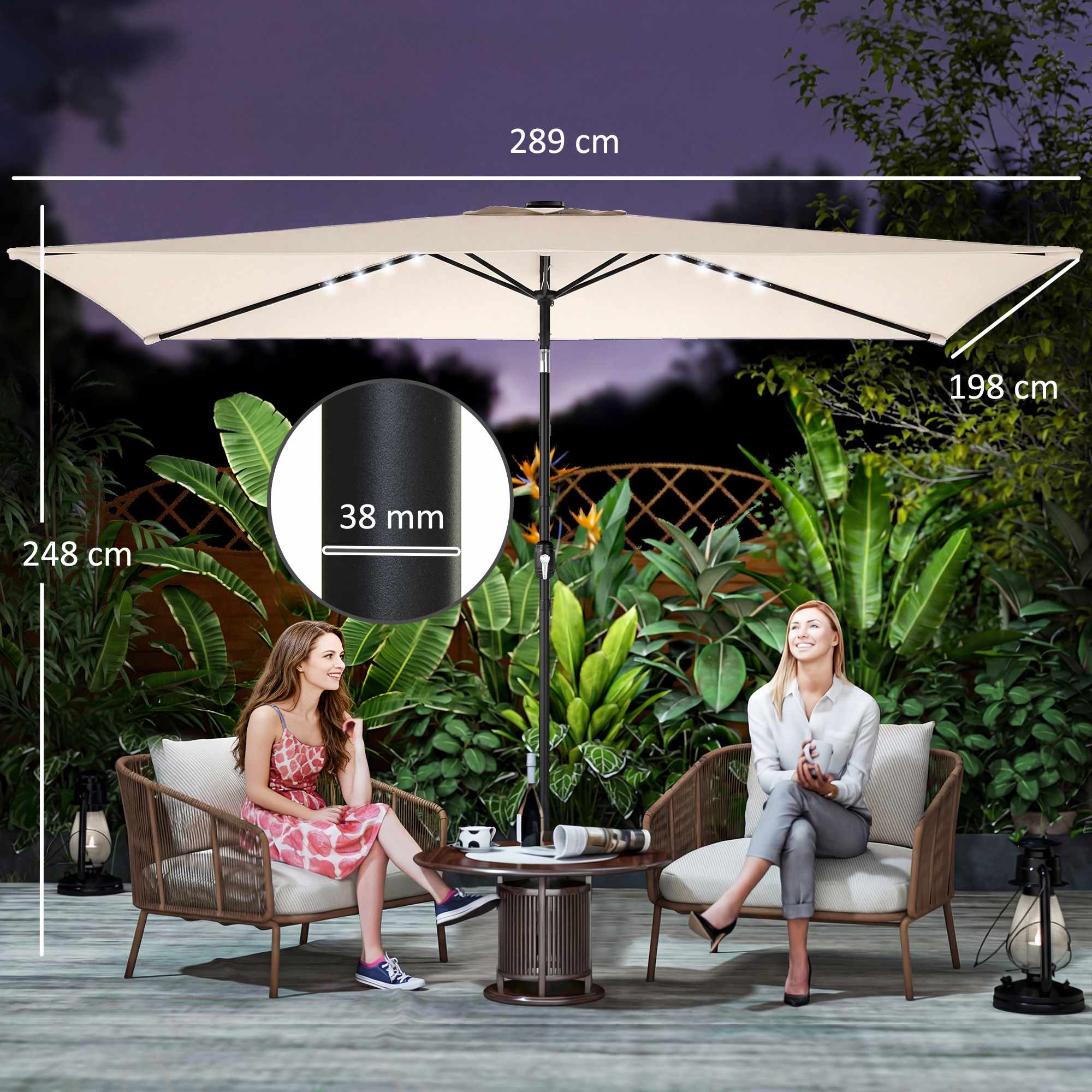 Solcellsdrivet LED-parasoll, krämfärgad, UPF 30+, lutnings- och vevfunktion