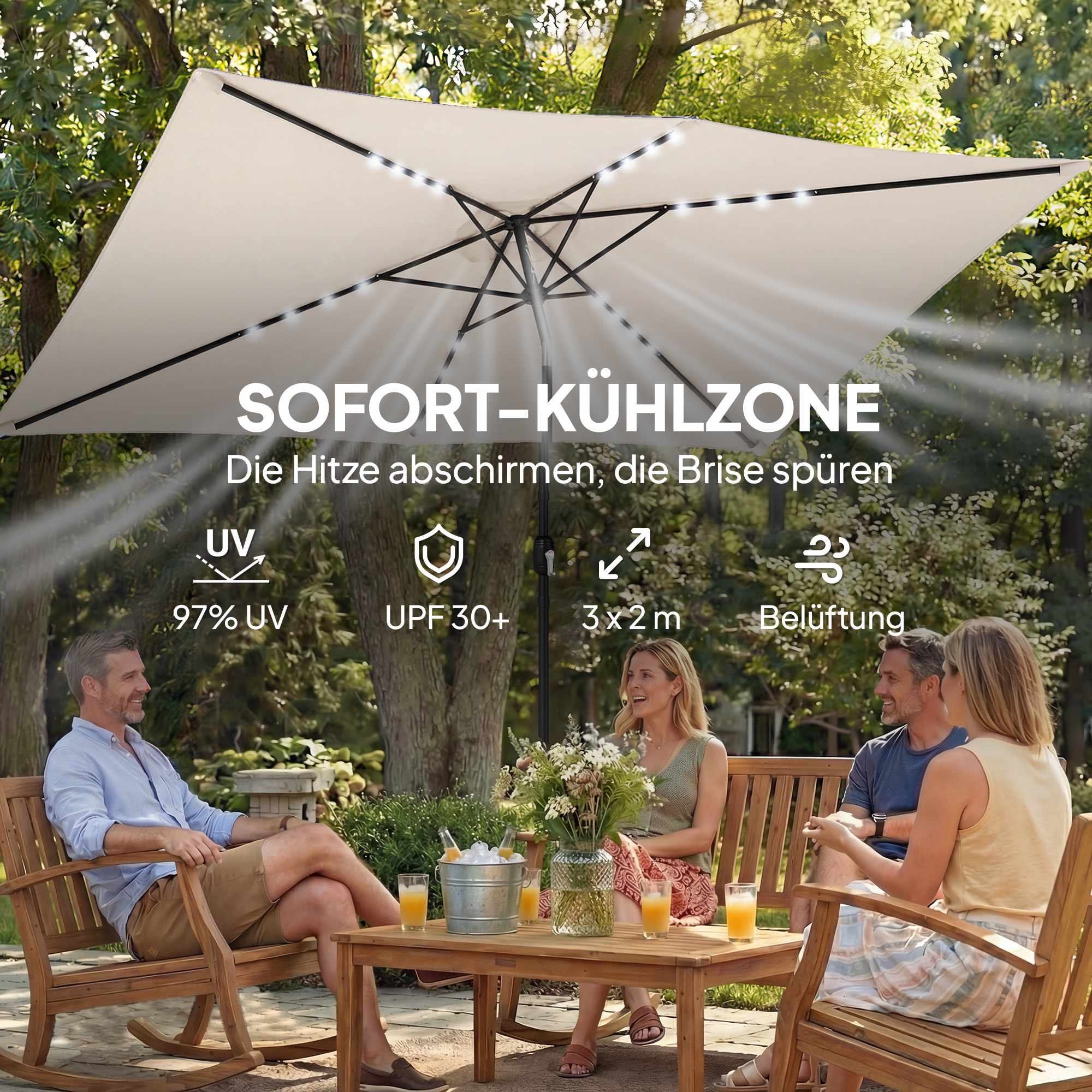 Solcellsdrivet LED-parasoll, krämfärgad, UPF 30+, lutnings- och vevfunktion