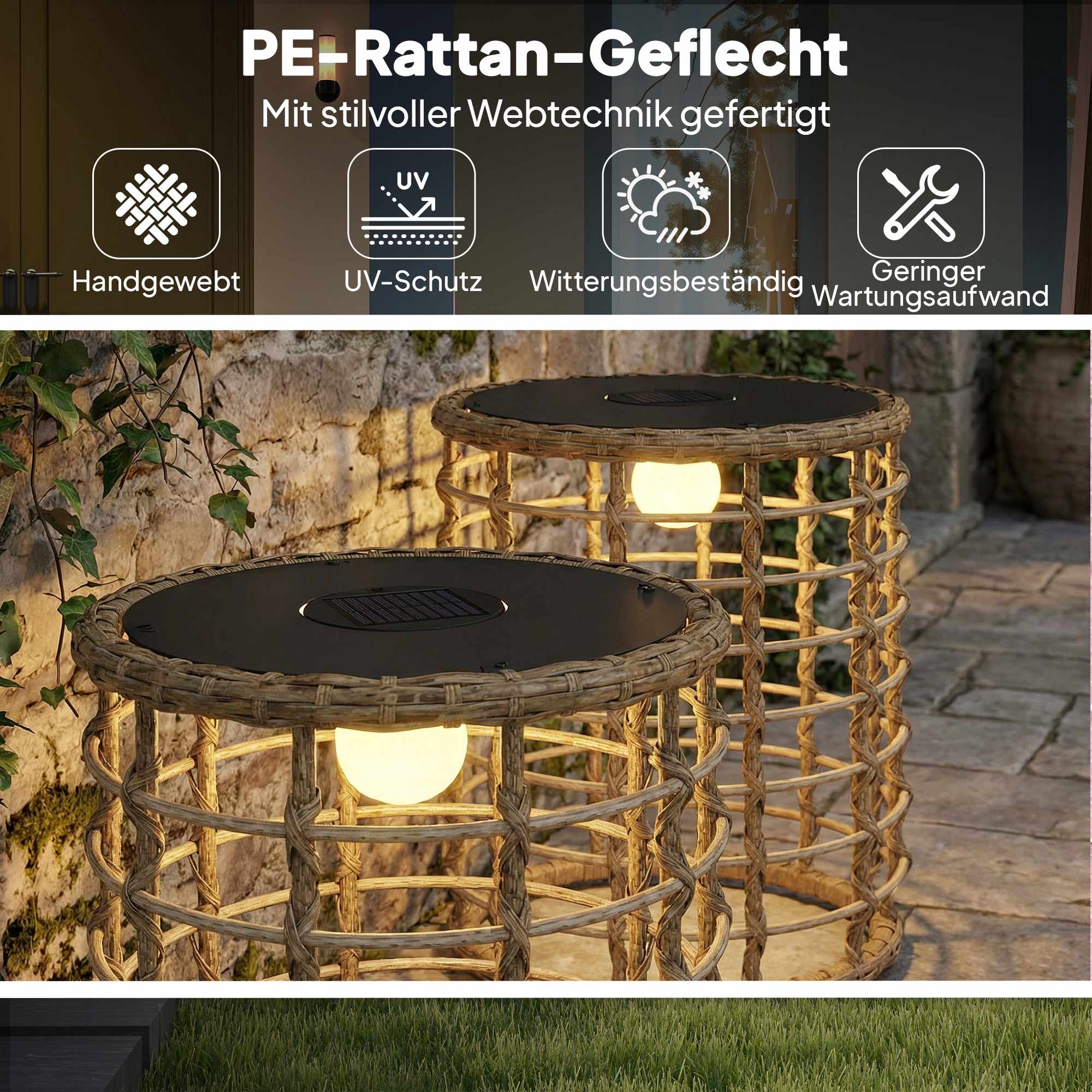 Soldriven rottinglampa, varmt ljus, utomhusbruk
