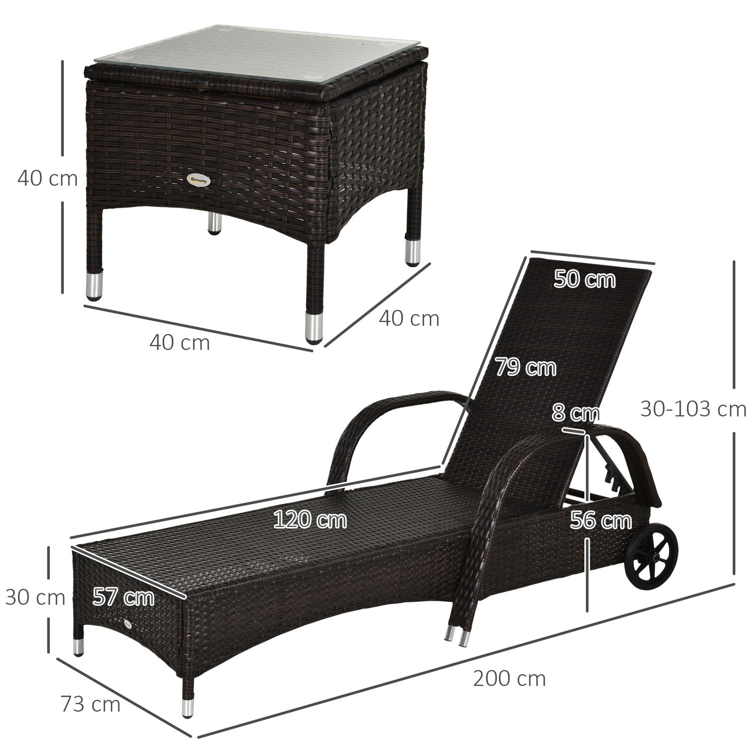 Solstol & bordsset i polyrattan, brun/gräddvit