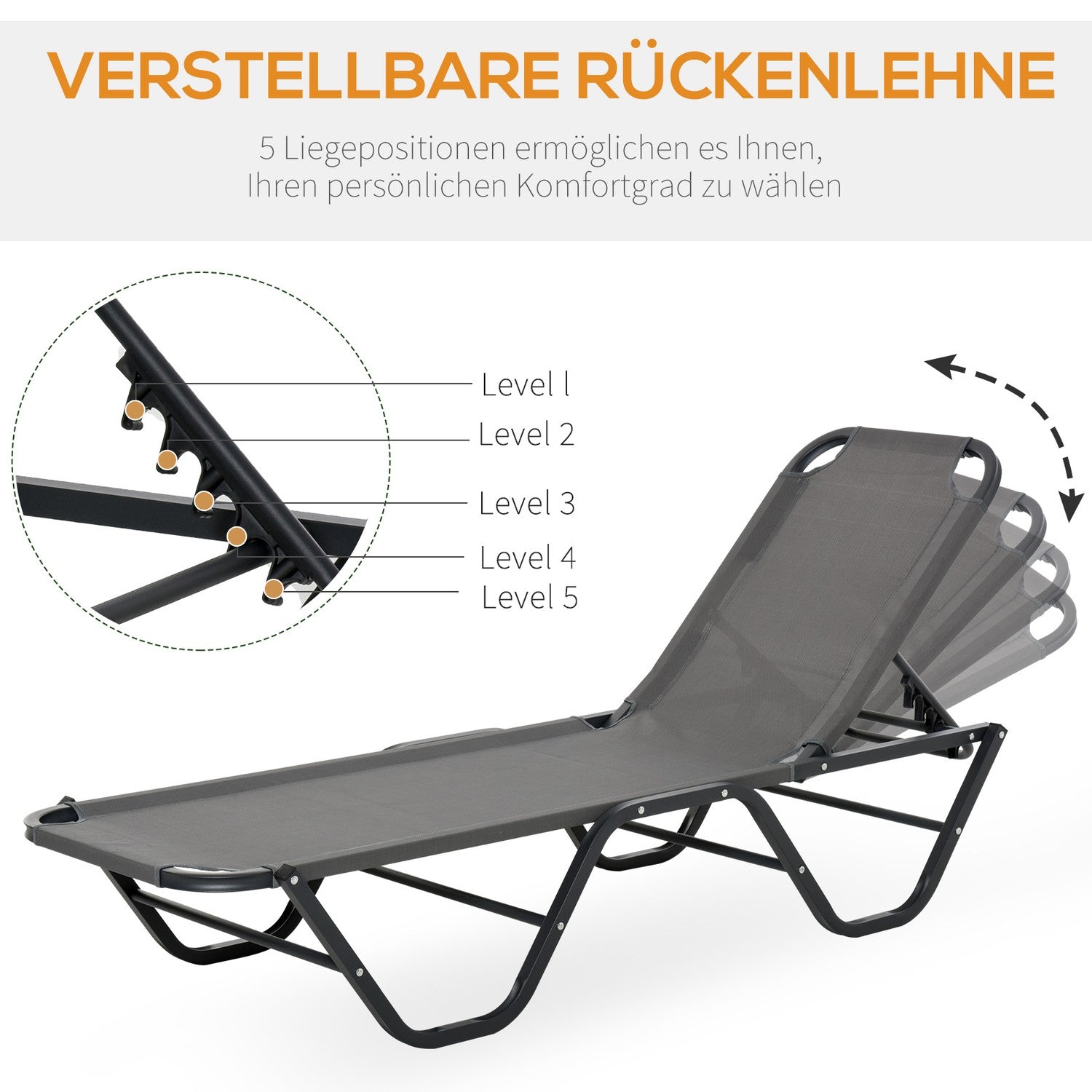 Solstol i aluminium, 5-vånings justerbar, grå/svart