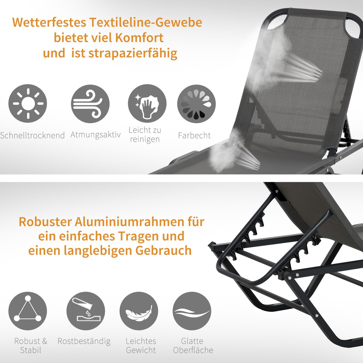 Solstol i aluminium, 5-vånings justerbar, grå/svart