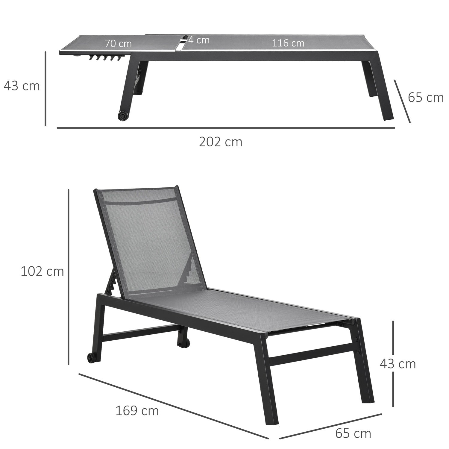 Solstol i aluminium med justerbart ryggstöd, Grå 169x65 Cm