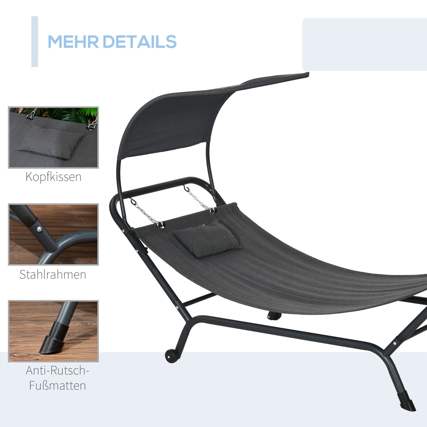 Solstol med tak, dyna, 240x92x148cm, mörkgrå