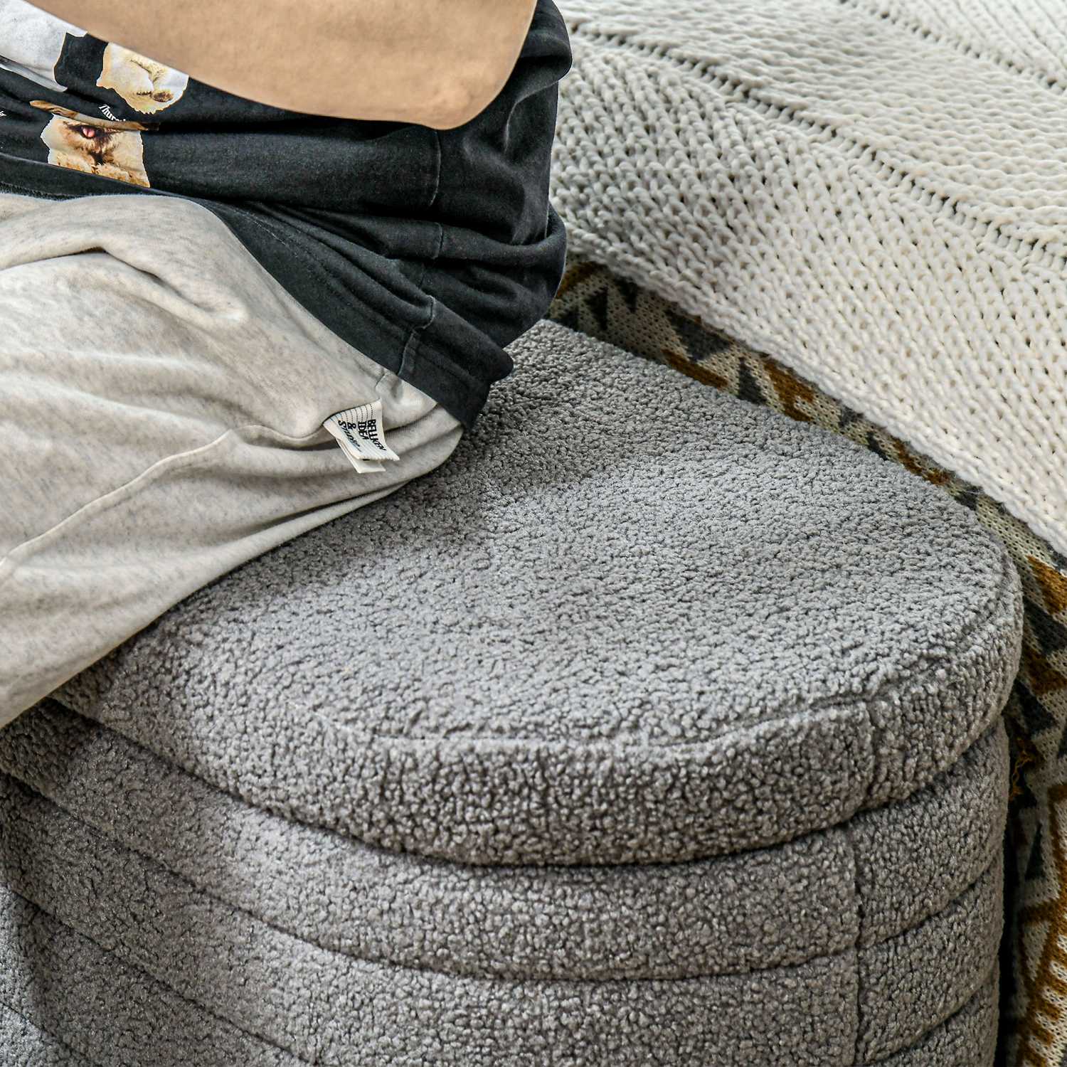 Sovrumsbänk med förvaring, träben, teddyfleece, ljusgrå