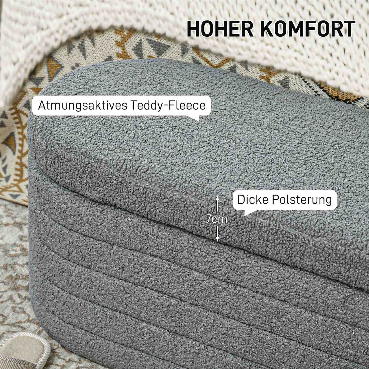 Sovrumsbänk med förvaring, träben, teddyfleece, ljusgrå