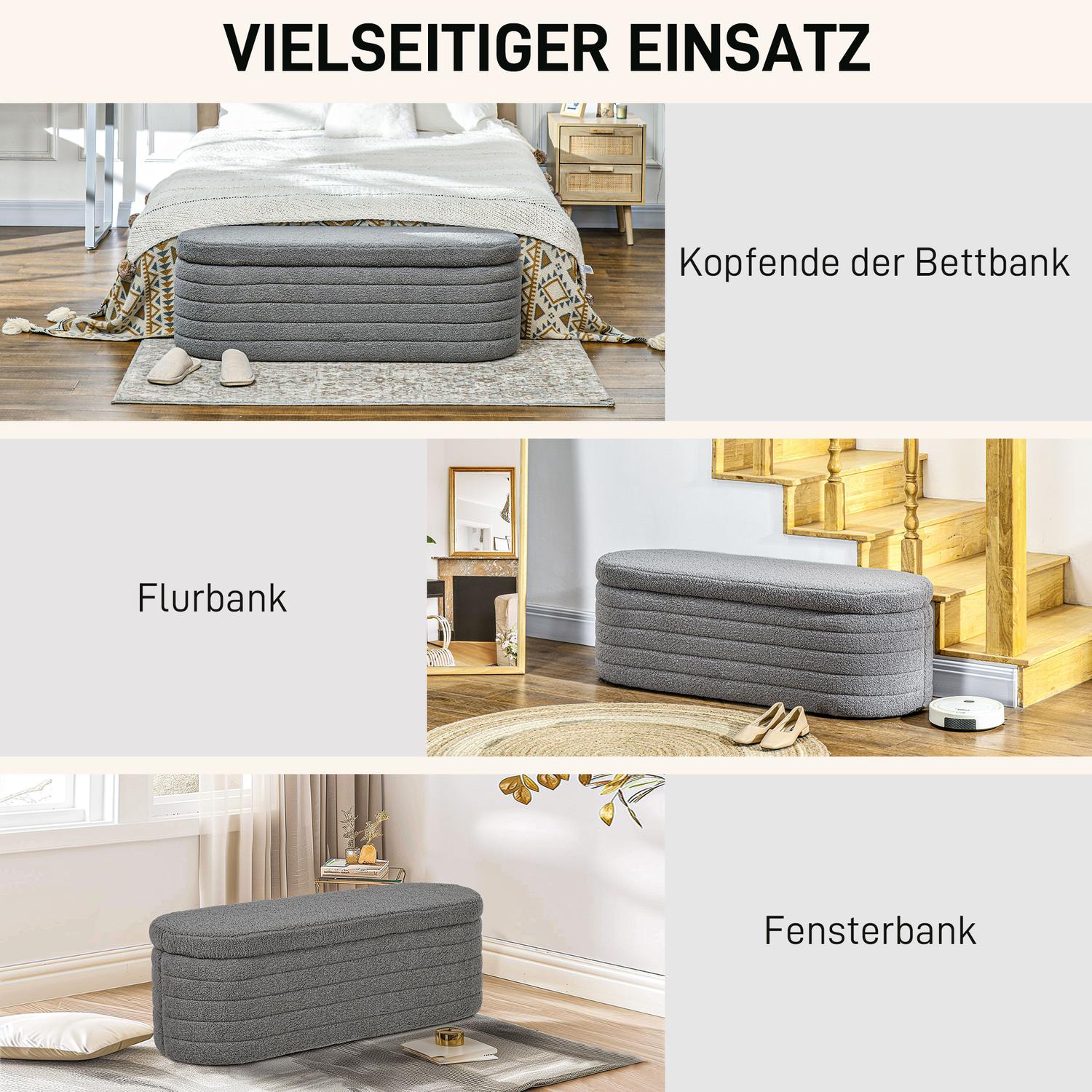 Sovrumsbänk med förvaring, träben, teddyfleece, ljusgrå