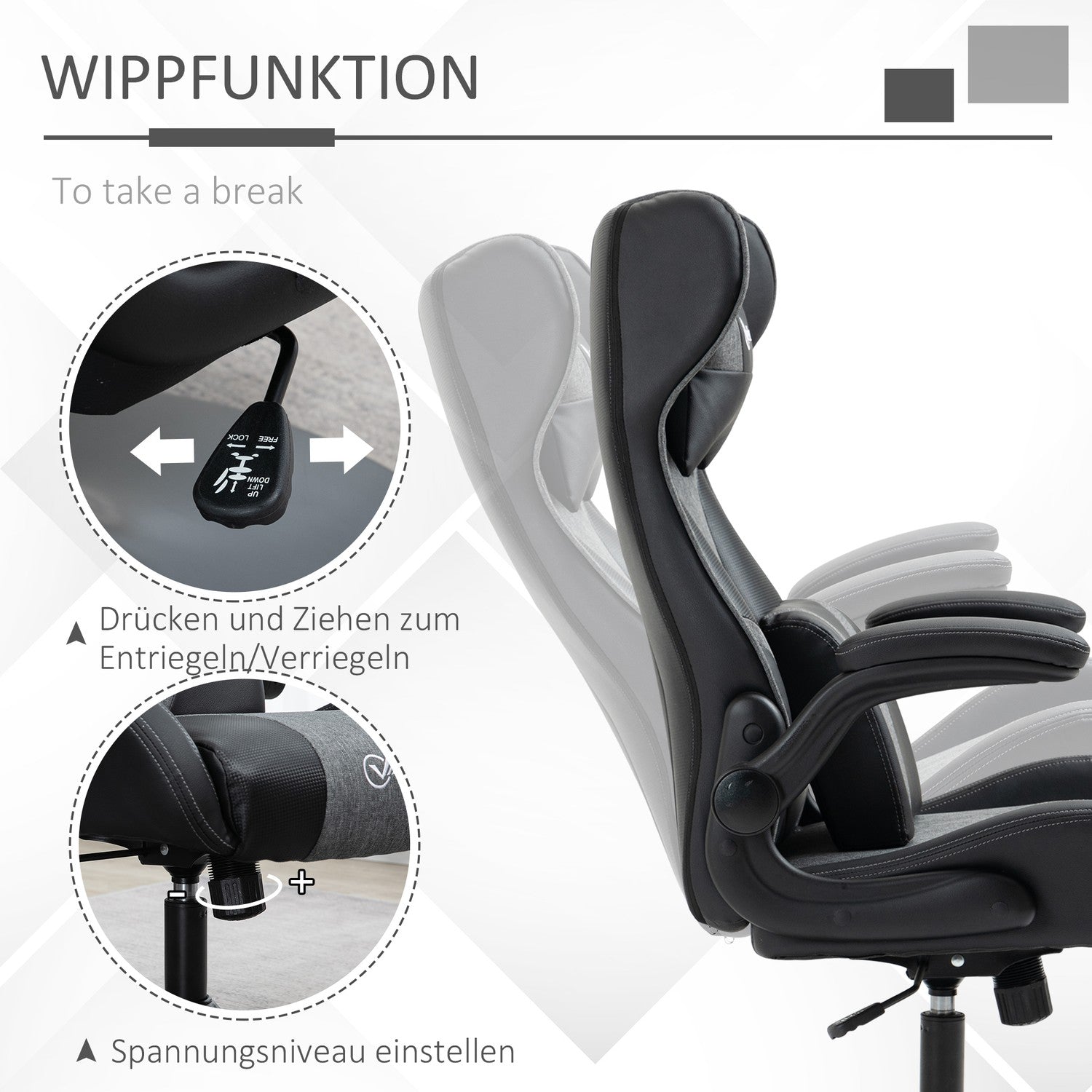 Spelstol, justerbar höjd, svart/grå, ergonomisk design