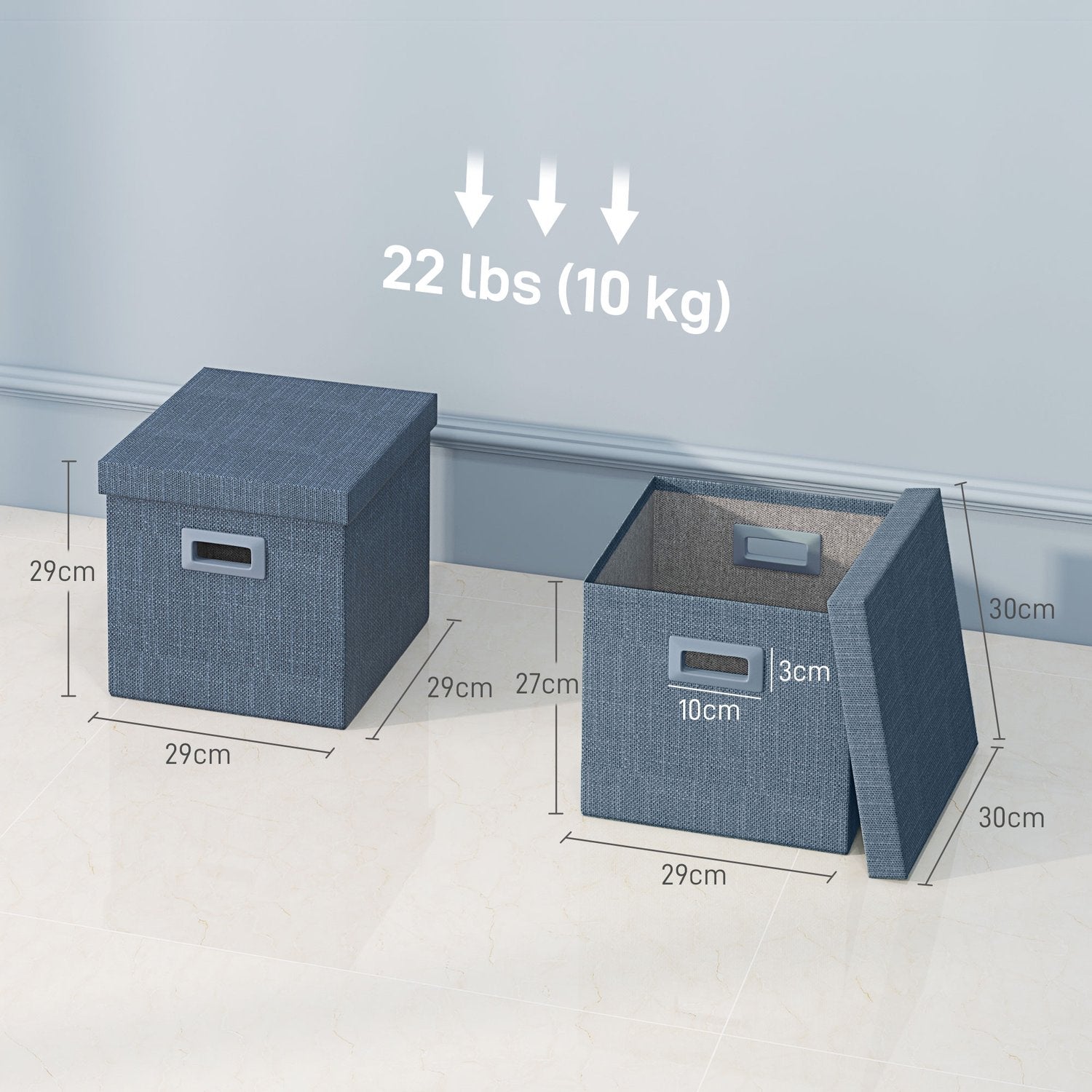 Stapelbara blå förvaringskuber Set om 3, hopfällbara – 30x30x29 cm