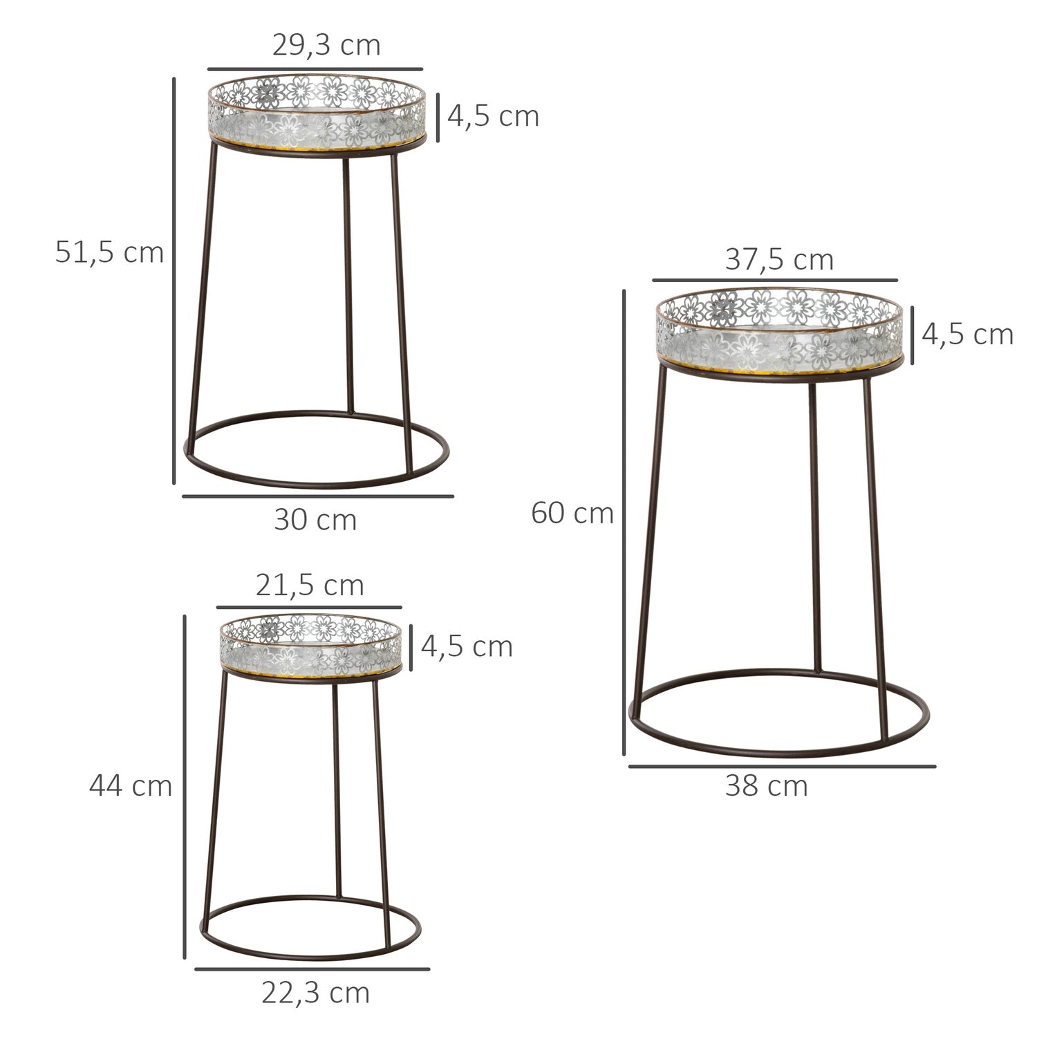 Stapelbara blomsterställ i metall, kaffe/silver, 3 st