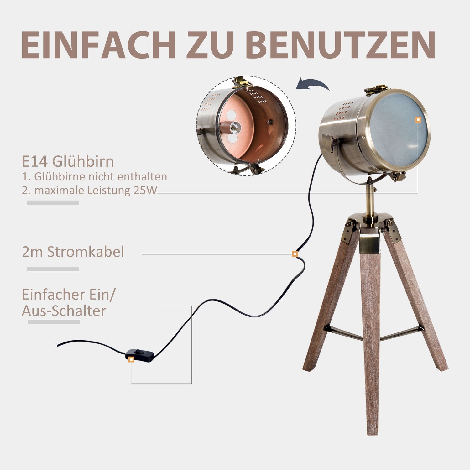 Stativ golvlampa, rostfritt stål, E14, 33x33x65cm