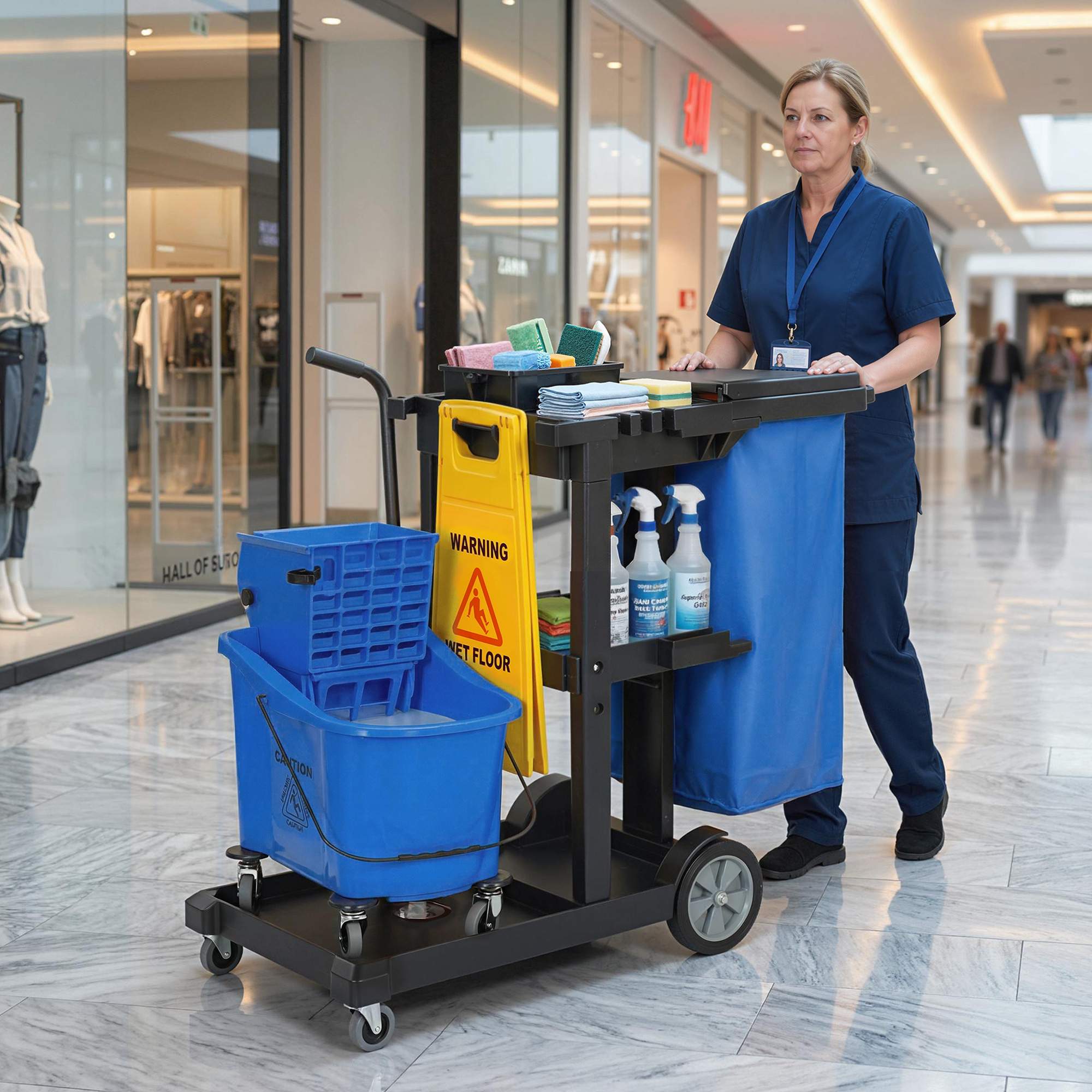 Städvagn med 3 hyllor, 70 liters påse, mopphink, blå