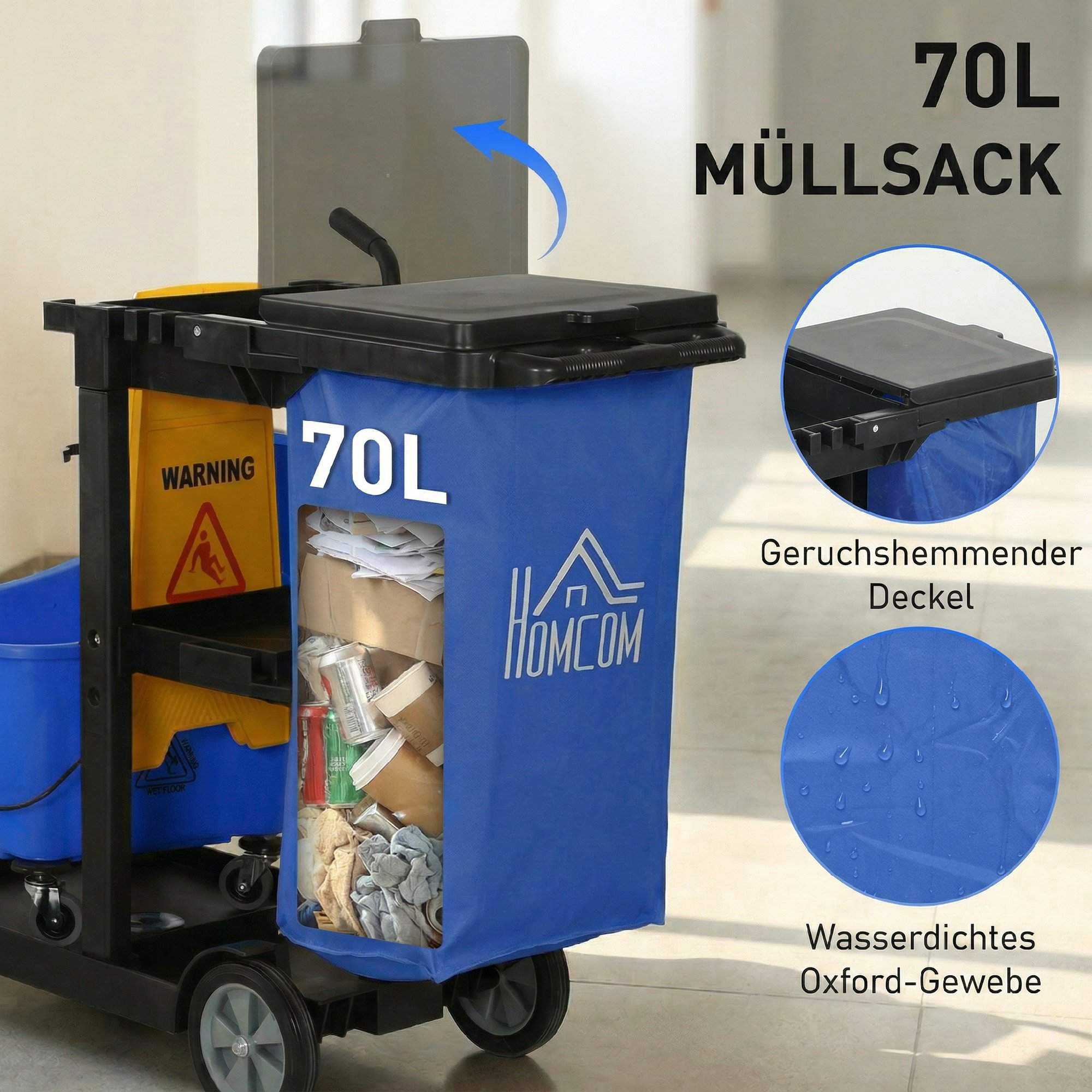 Städvagn med 3 hyllor, 70 liters påse, mopphink, blå