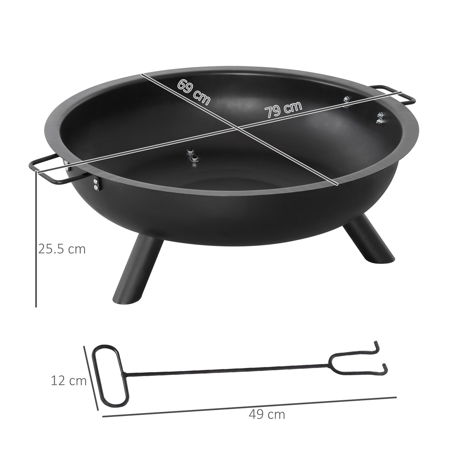 Steel Fire Pit Bowl med Poker – Rund, Svart, 79cm
