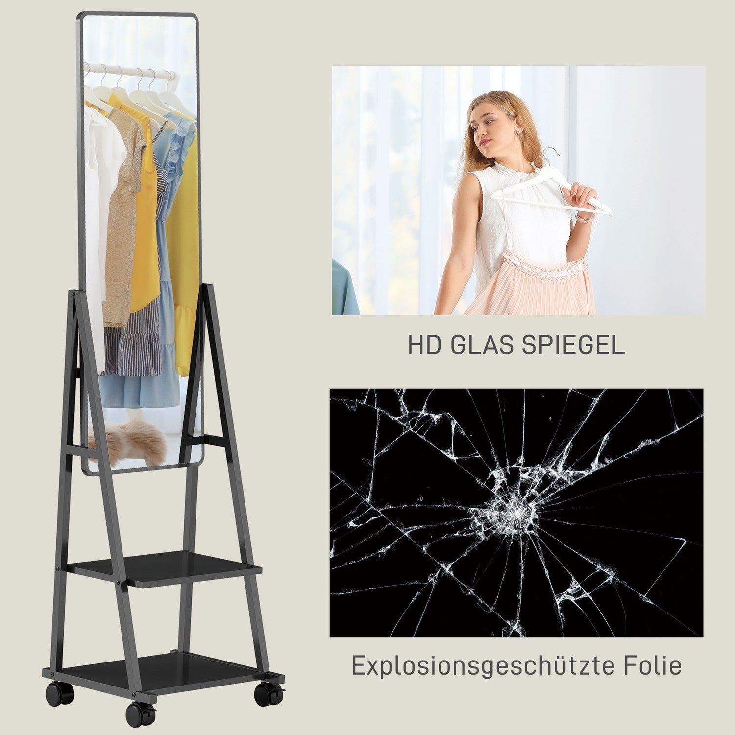 Stojací zrcadlo v plné délce, 42 x 155 cm, černé