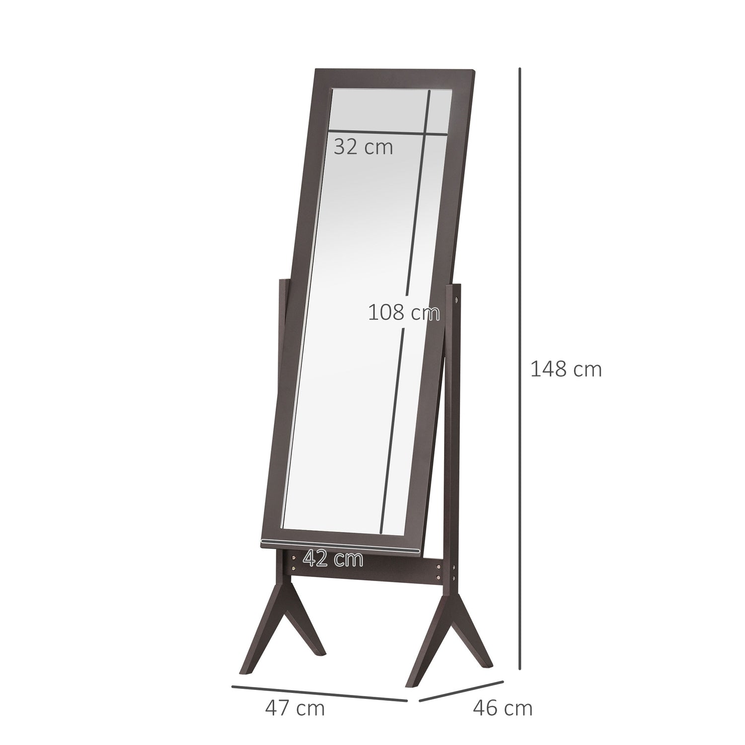 Volně stojící celozrcadlo, snadno udržovatelné MDF, 47 × 46 × 148 cm