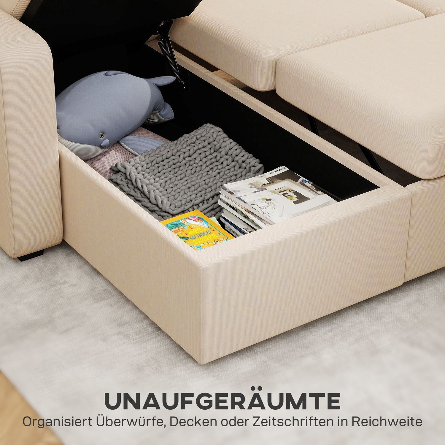 Ställbar L-formad bäddsoffa med förvaring, beige