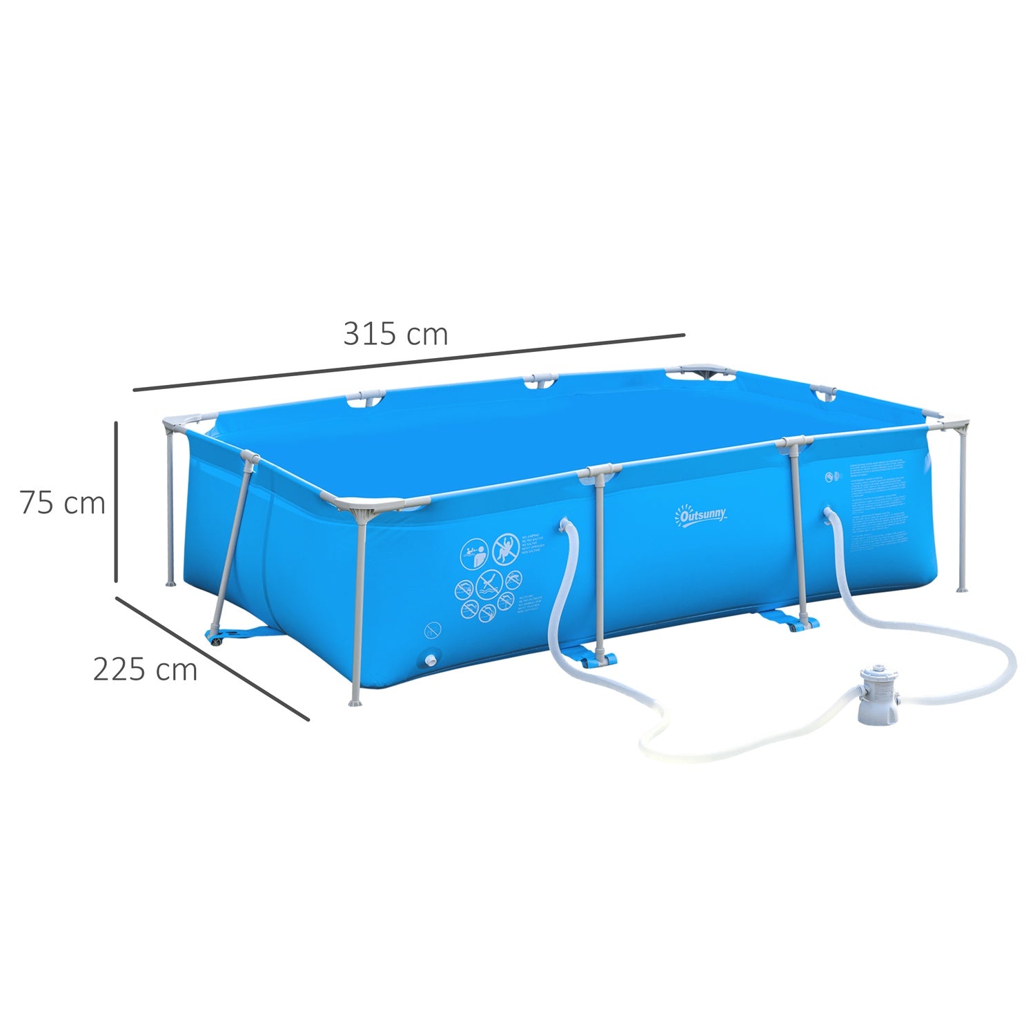 Stålramspool med dräneringsventil, blå PVC, 315x225x75 cm