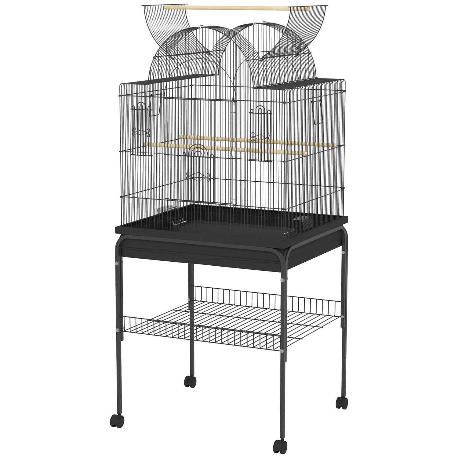 Stor fågelbur i stål, med hjul och matningsstation