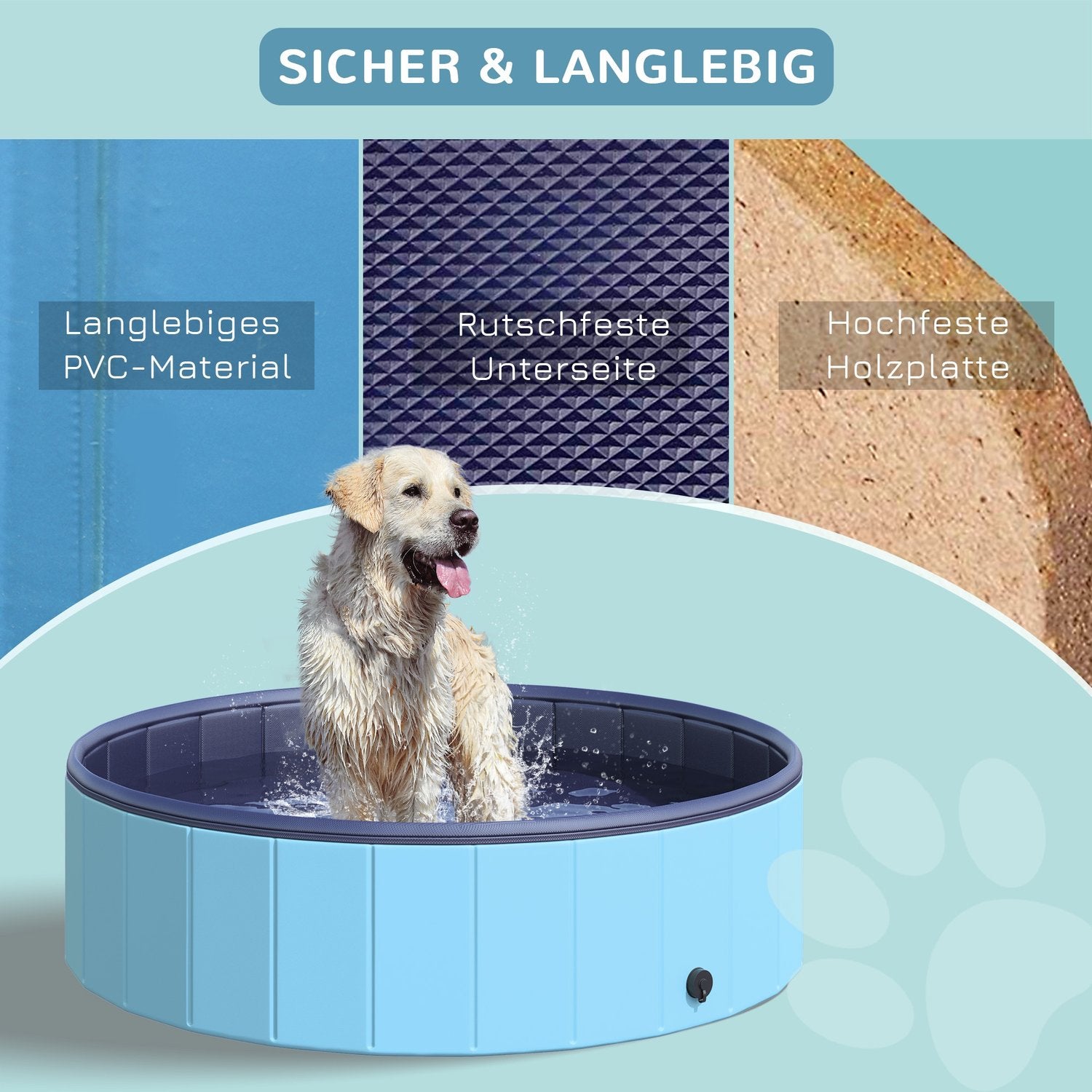 Stor hundpool, robust PVC/trä, 120x30 cm – Sommaravkylning