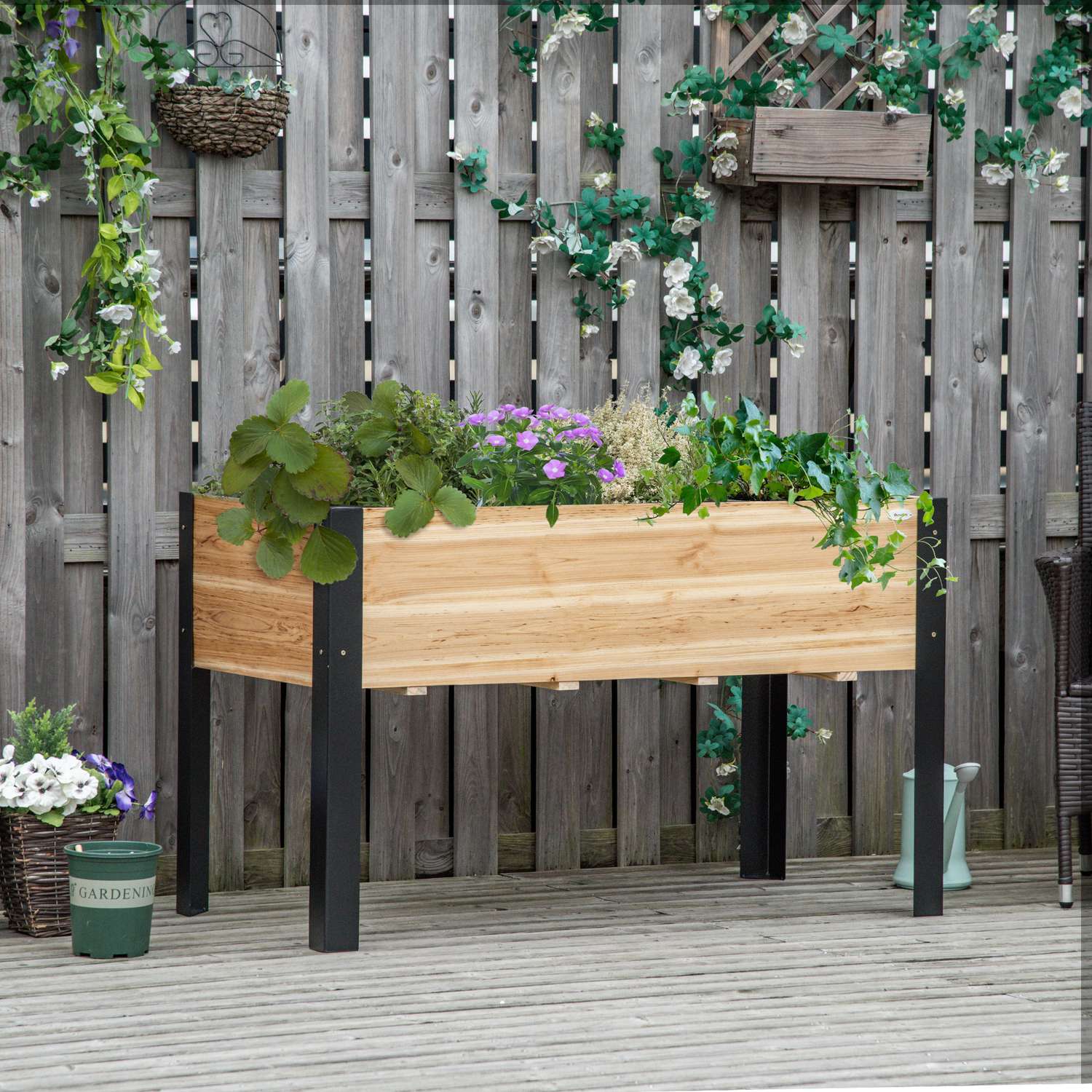 Stor trädgårdssäng i trä och stål, 120x60x74 cm, naturlig