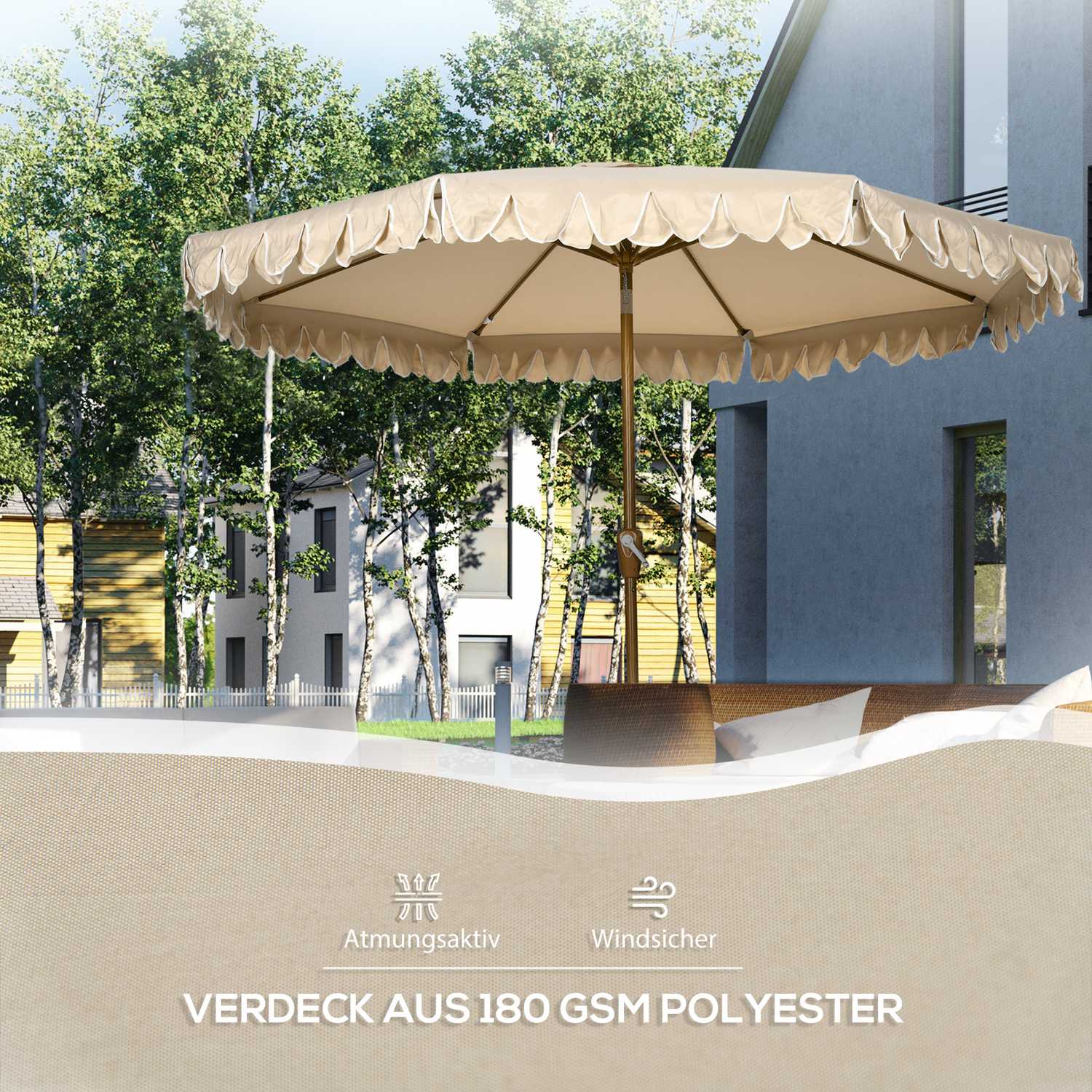Strandparaply 265 Cm, fransdesign, justerbar lutning, kaki