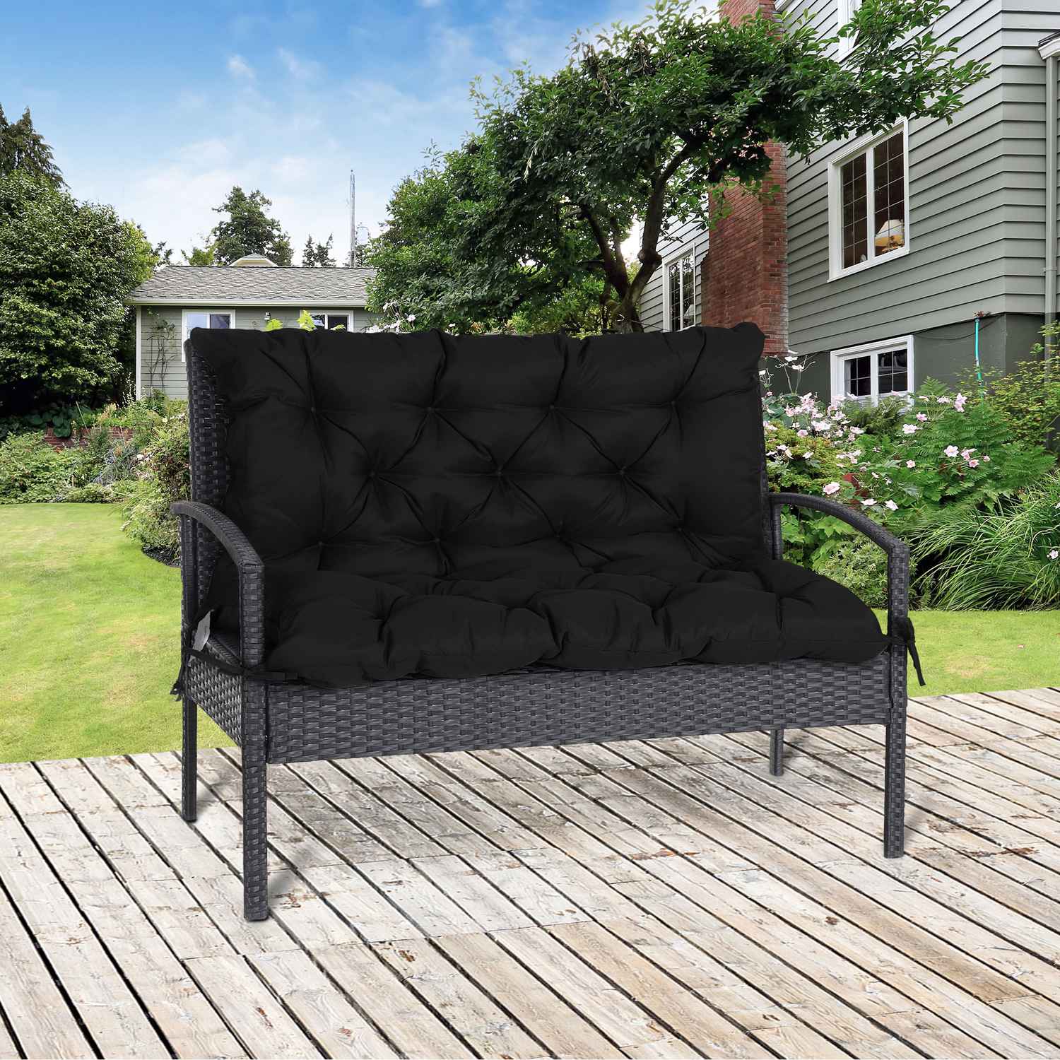 Svart 3-sits bänkkudde med remmar – 100x98x8 cm