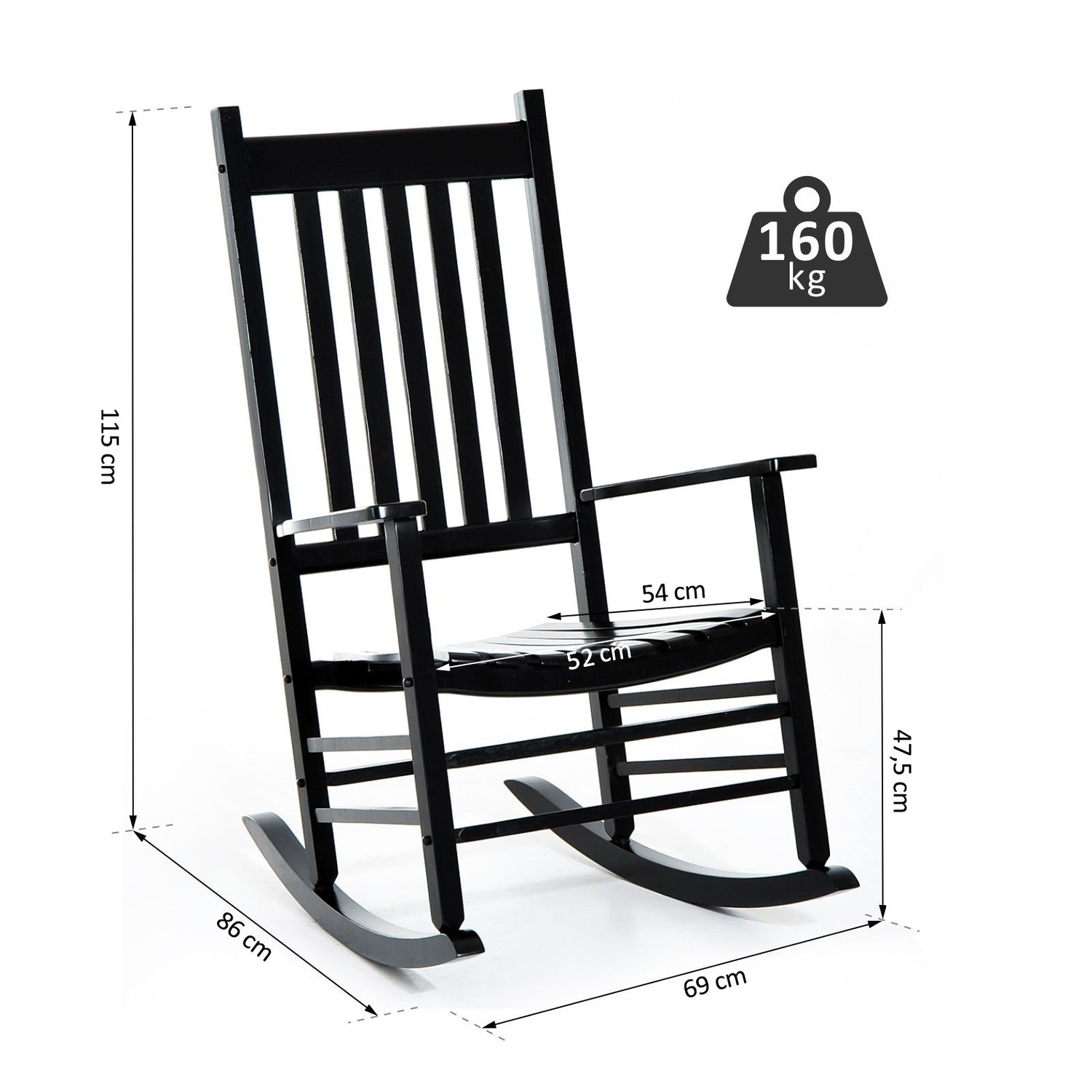 Svart gungstol i trä med armstöd 69X86X115 Cm