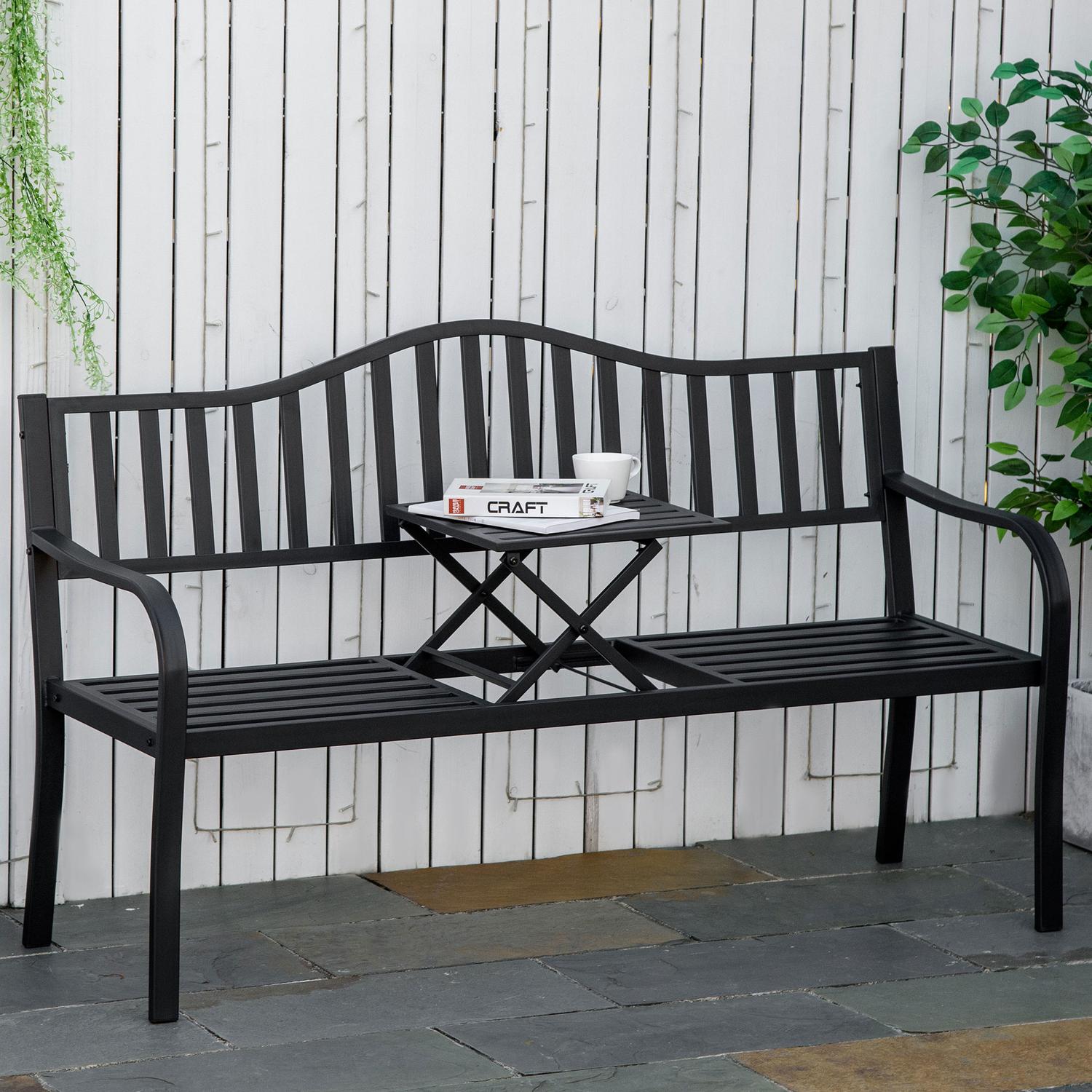 Svart metall parkbänk med utdragbart bord, 150cm