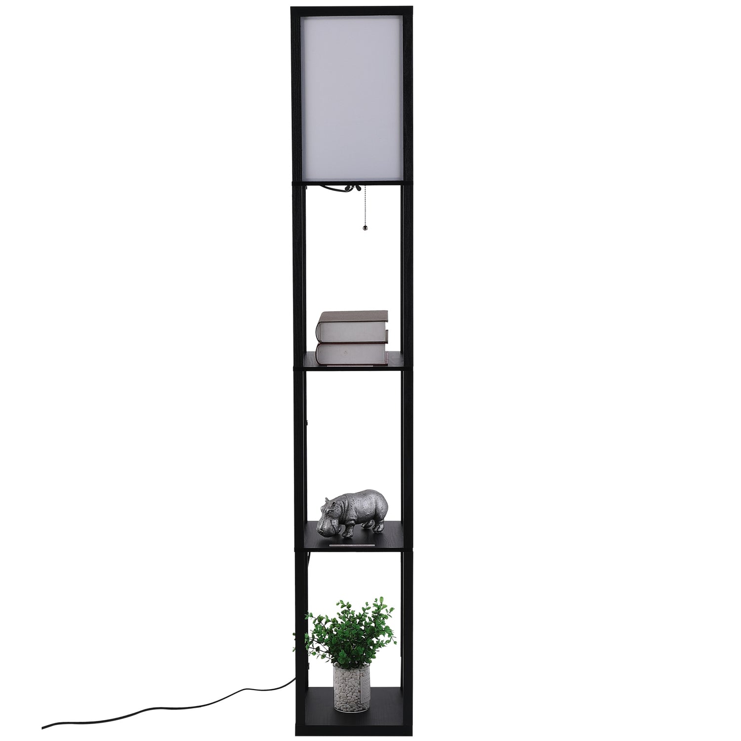 Svart trägolvlampa med hyllor, E27 sockel, 160cm