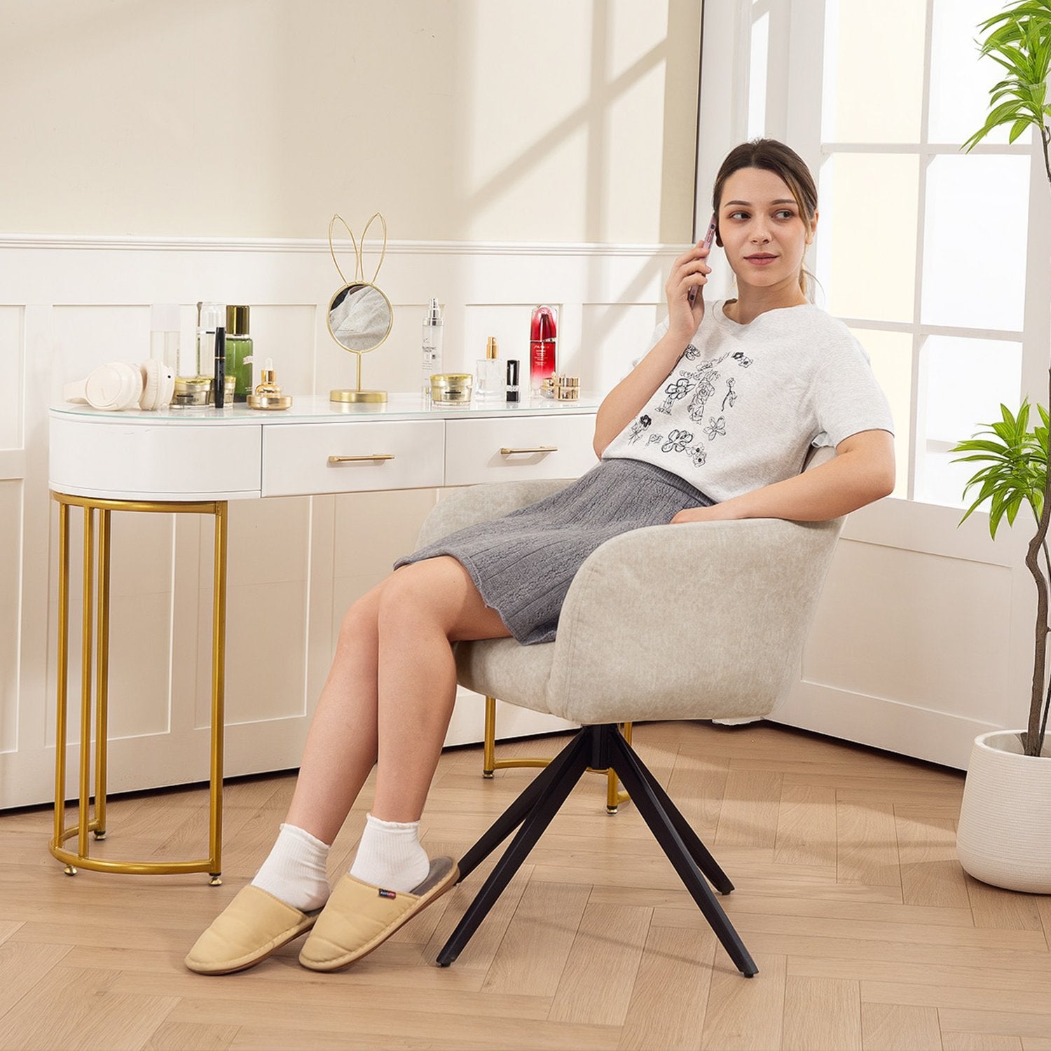 Swivel Accent Stol, Tygklädsel, Stålben, Beige