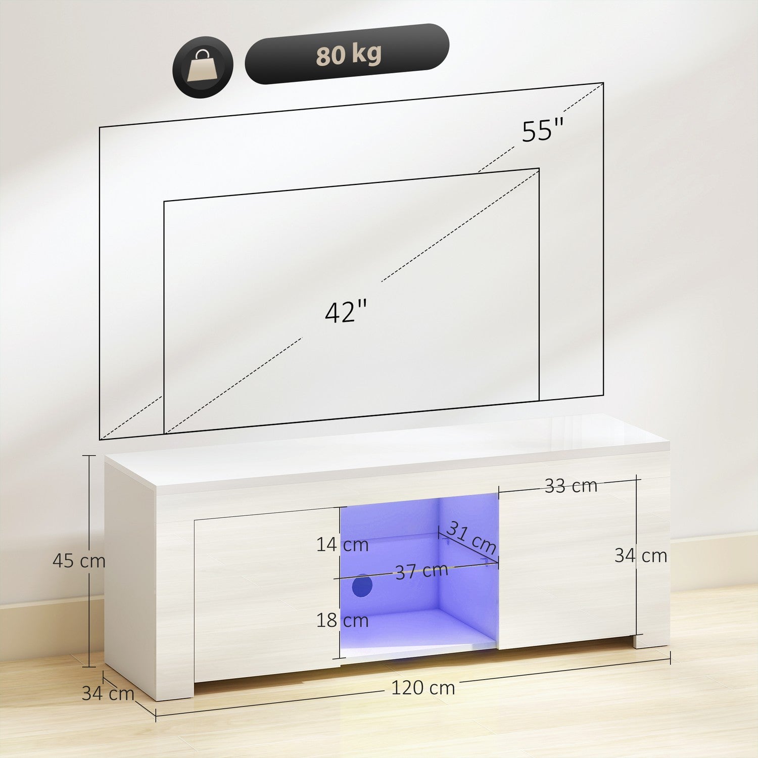 TV-bänk med RGB LED-lampor, blank vit finish