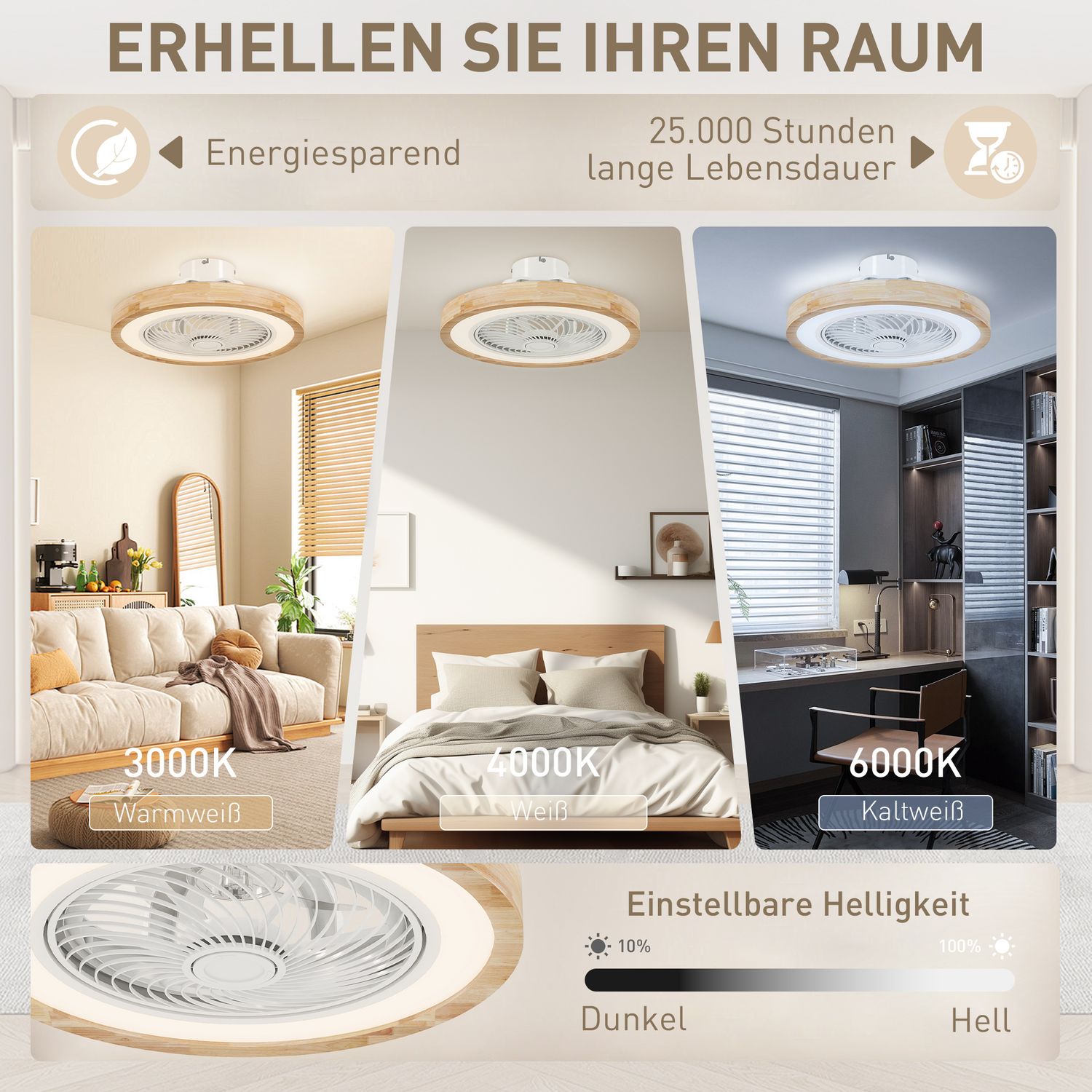 Stropní ventilátor se světlem, dálkovým ovládáním, stmívatelná LED, RGB, 6 rychlostí