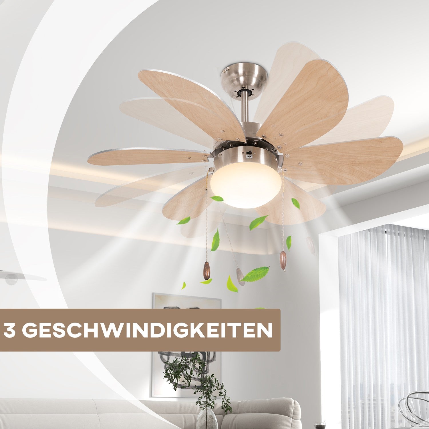 Stropní ventilátor s LED osvětlením, 6 oboustranných lopatek s dekorem buku